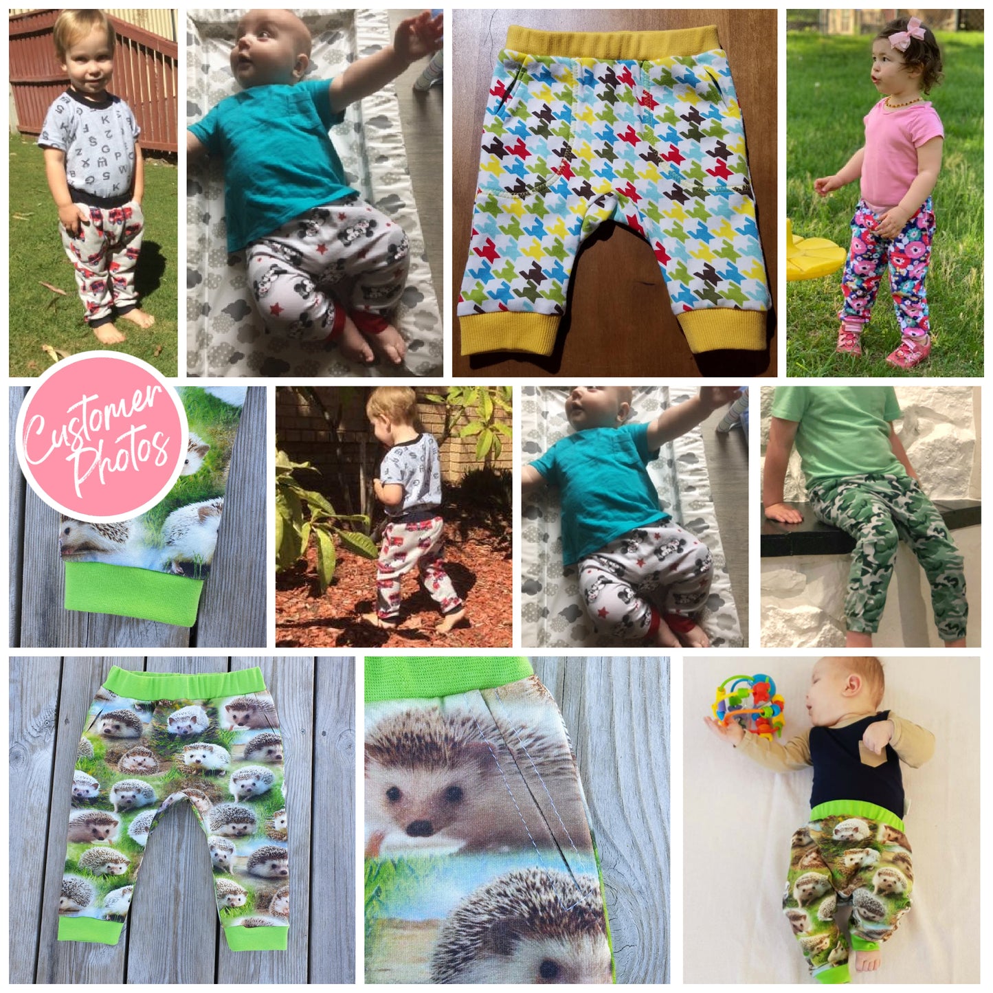 Bubble Gum baby pants, pdf sewing pattern by Frocks & Frolics. Cute litte romper with elasticated waistband, side pockets and hem ribbing. Comes with a video sewing course for every step. Customer photos.