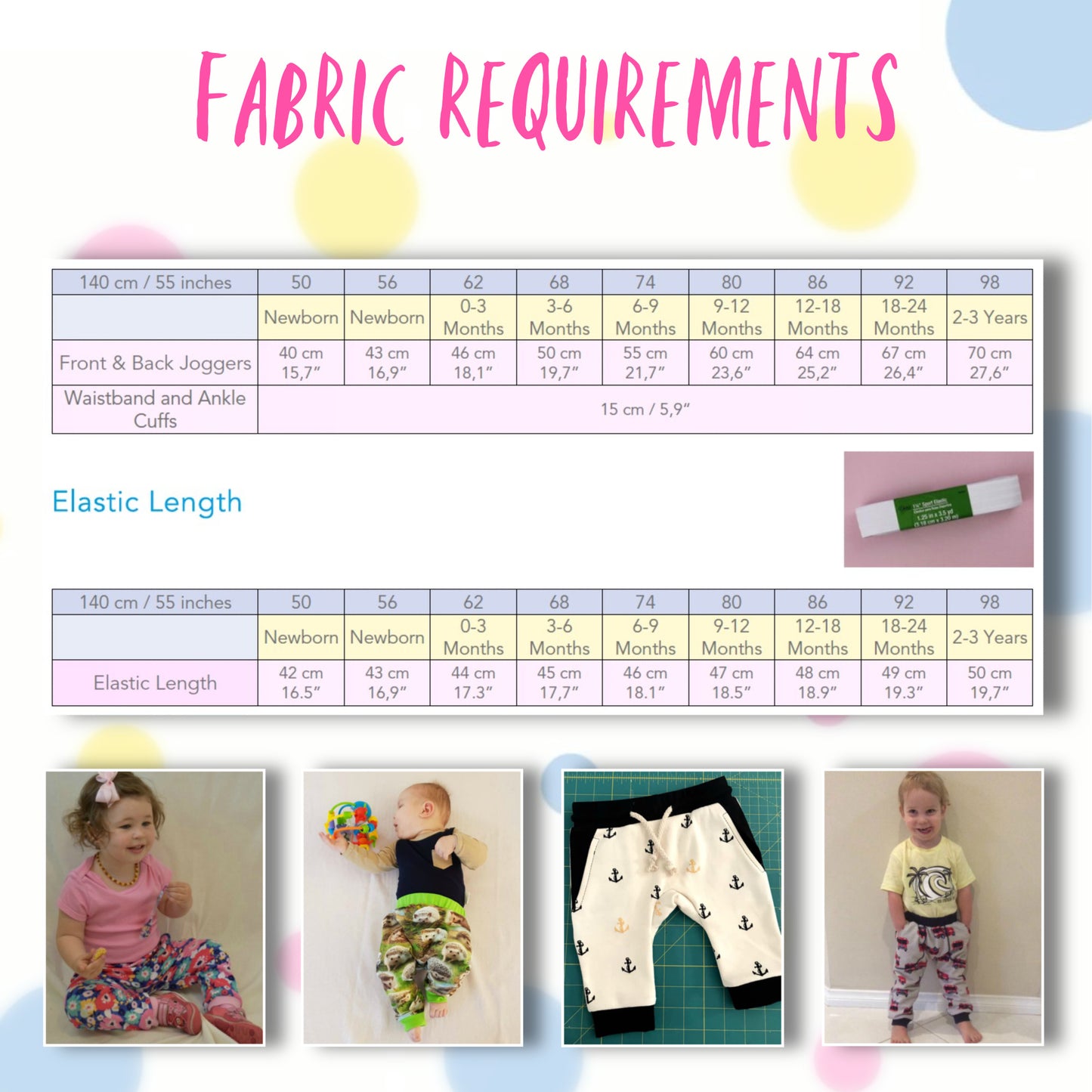 Bubble Gum baby pants, pdf sewing pattern by Frocks & Frolics. Cute litte romper with elasticated waistband, side pockets and hem ribbing. Comes with a video sewing course for every step. Fabric requirements.