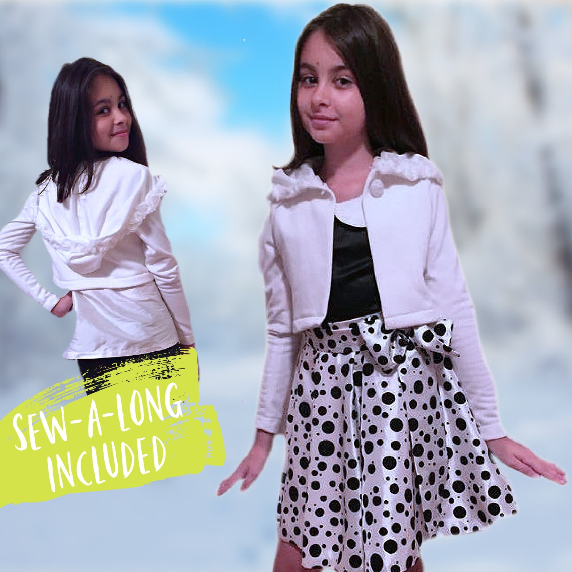 Joanna girls Jersey cardigan. A pdf sewing pattern by Frocks & Frolics. Sweatshirt body and four way stretch sleeves. Gorgeous wide Hoodie with rose trim. Partly lined with button closure. Pattern includes a video tutorial for making the cardigan.