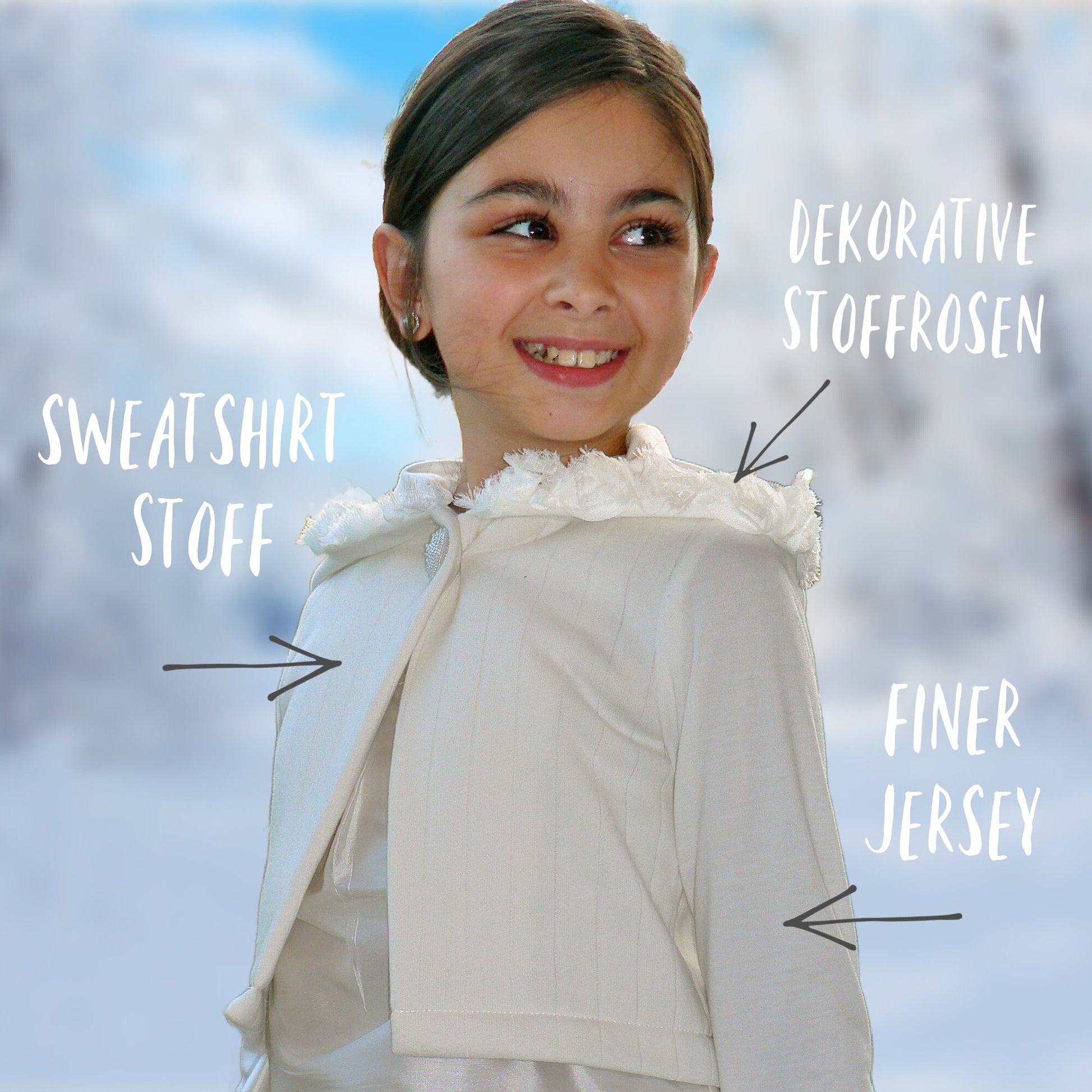Joanna girls Jersey cardigan. A pdf sewing pattern by Frocks & Frolics. Sweatshirt body and four way stretch sleeves. Gorgeous wide Hoodie with rose trim. Partly lined with button closure. Pattern includes a video tutorial for making the cardigan.
