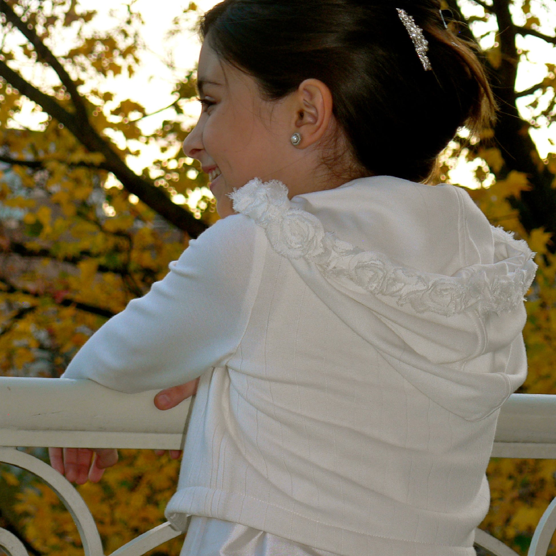 Joanna girls Jersey cardigan. A pdf sewing pattern by Frocks & Frolics. Sweatshirt body and four way stretch sleeves. Gorgeous wide Hoodie with rose trim. Partly lined with button closure. Pattern includes a video tutorial for making the cardigan.