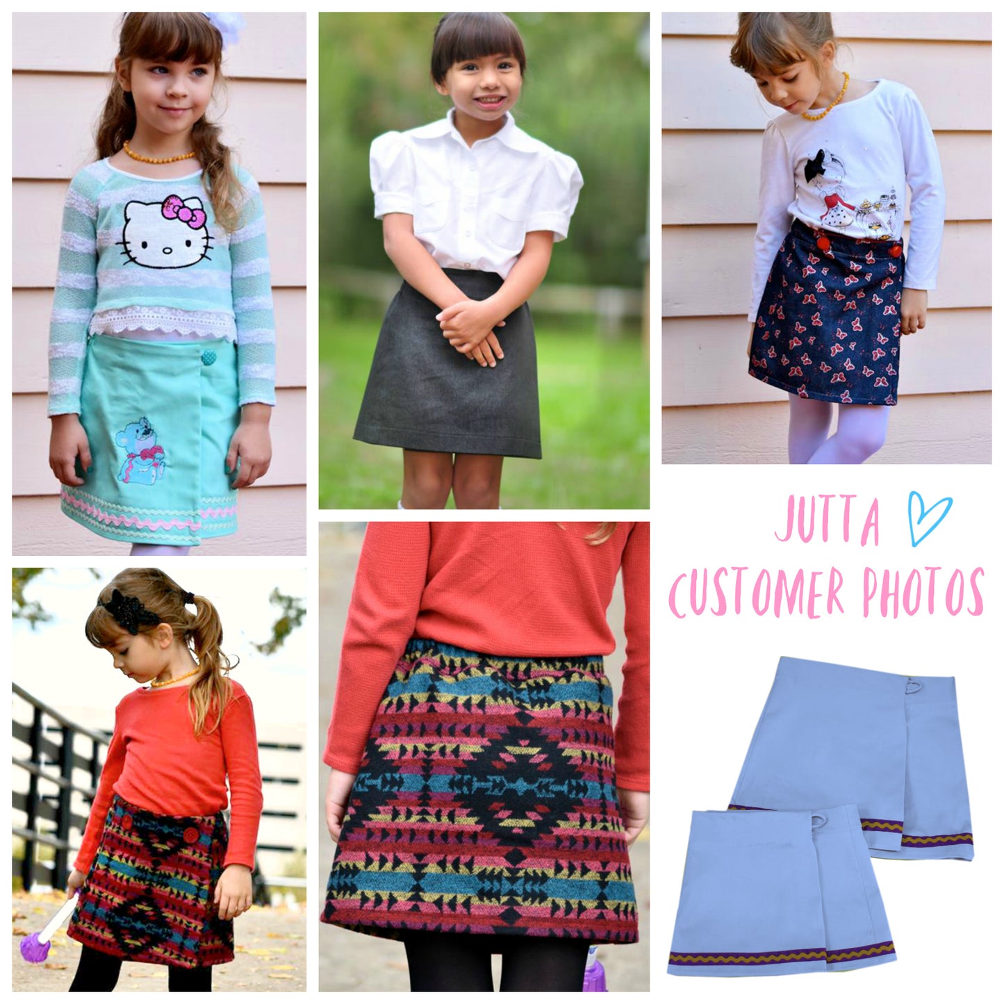 Cute wrap skirt with buttonclosure in gorgeous red linen with rick-rack embroidery. PDF sewing pattern for age 1-12 by Frocks & Frolics. The pattern includes a video tutorial you can watch for free. Customer makes.