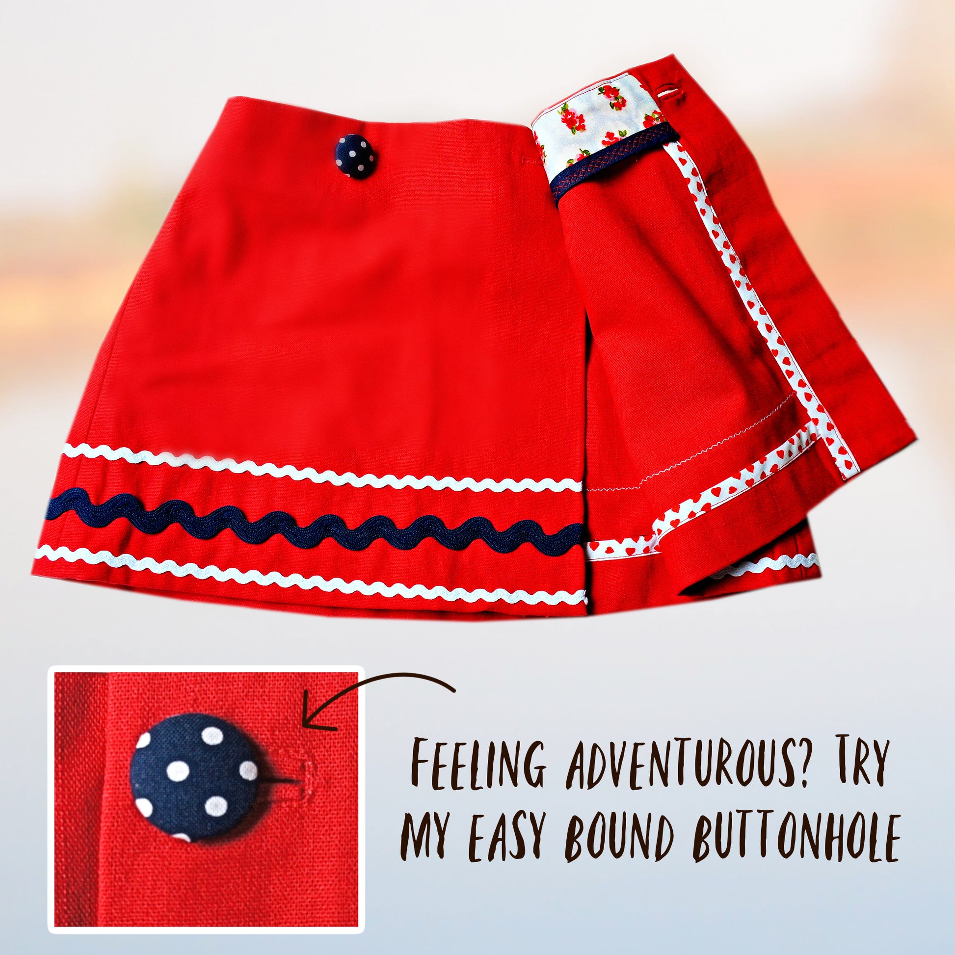 Cute wrap skirt with buttonclosure in gorgeous red linen with rick-rack embroidery. PDF sewing pattern for age 1-12 by Frocks & Frolics. The pattern includes a video tutorial you can watch for free. Showcasing the binding and waistband.