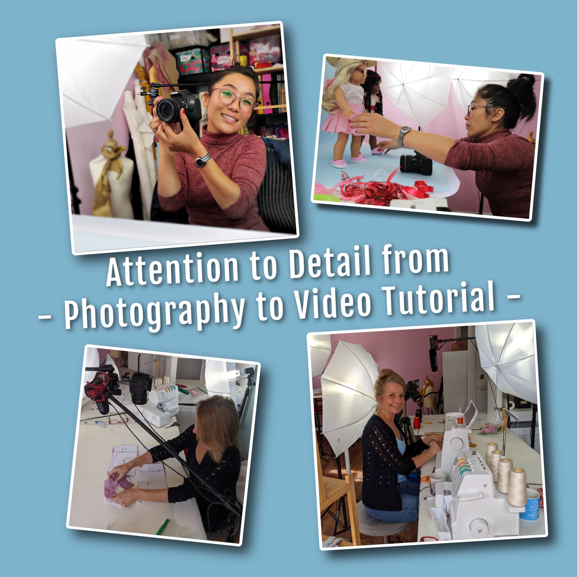 A sneak peak behind the scenes of the doll collection.  Uyganbayar is taking the photos and Marina is sewing.