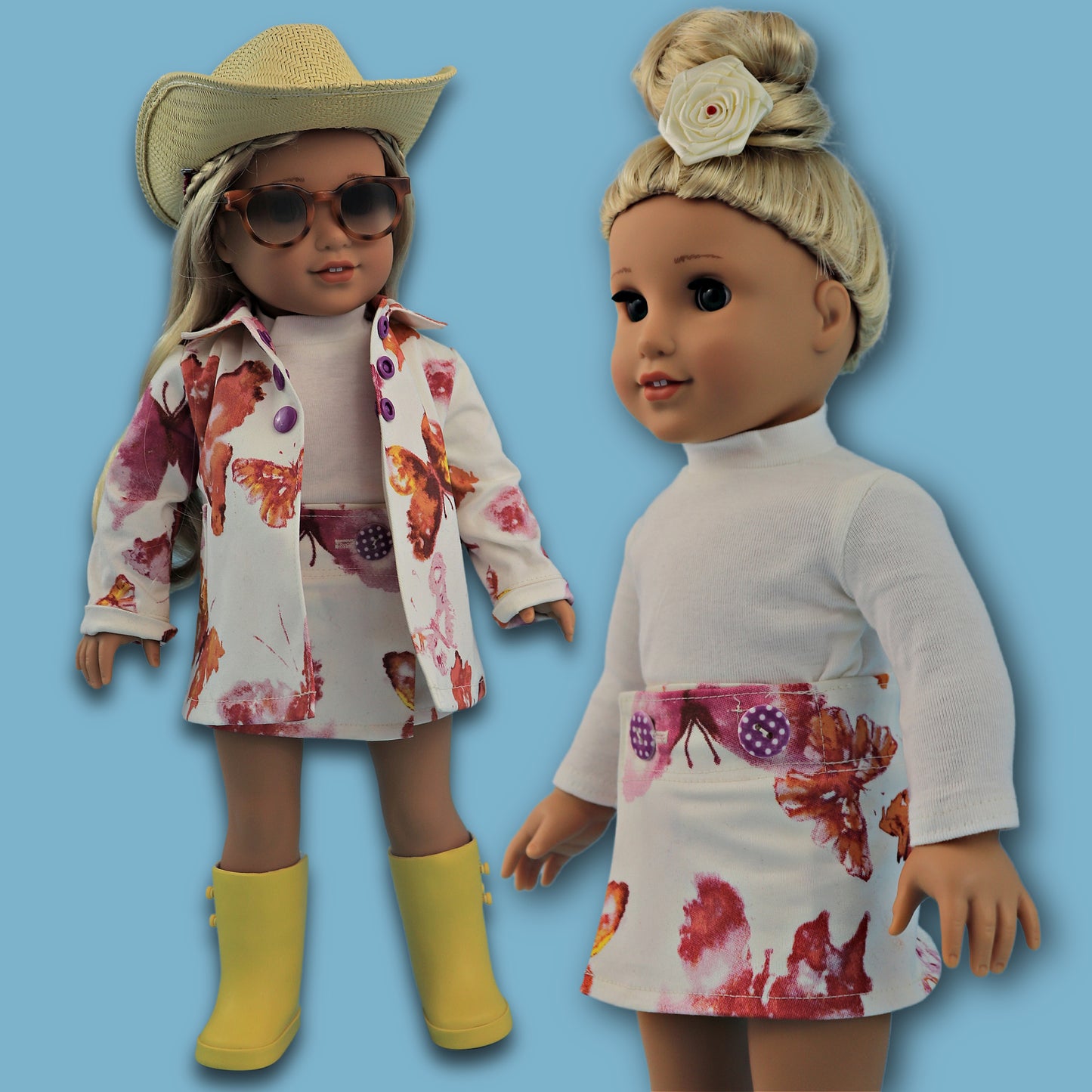 Doll denim skirt with Velcro closure, beautiful American Girl Doll sewing pattern. Here shown with a little unlined overcoat. The Dakota coat.