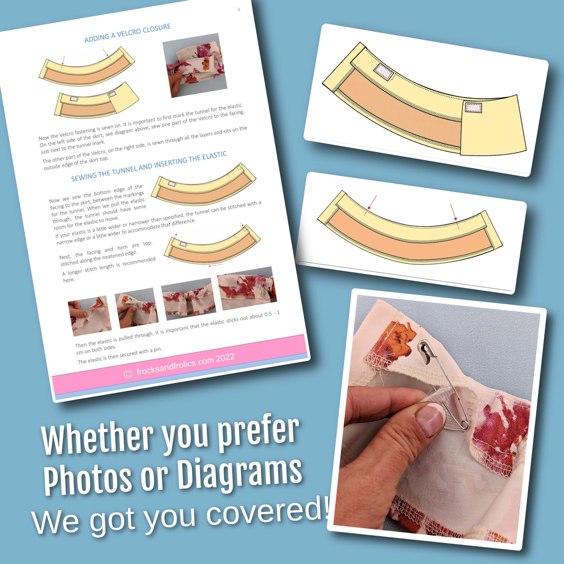 Showing a sneak peak of the instructions you get when purchasing the Jutta doll skirt sewing pattern.