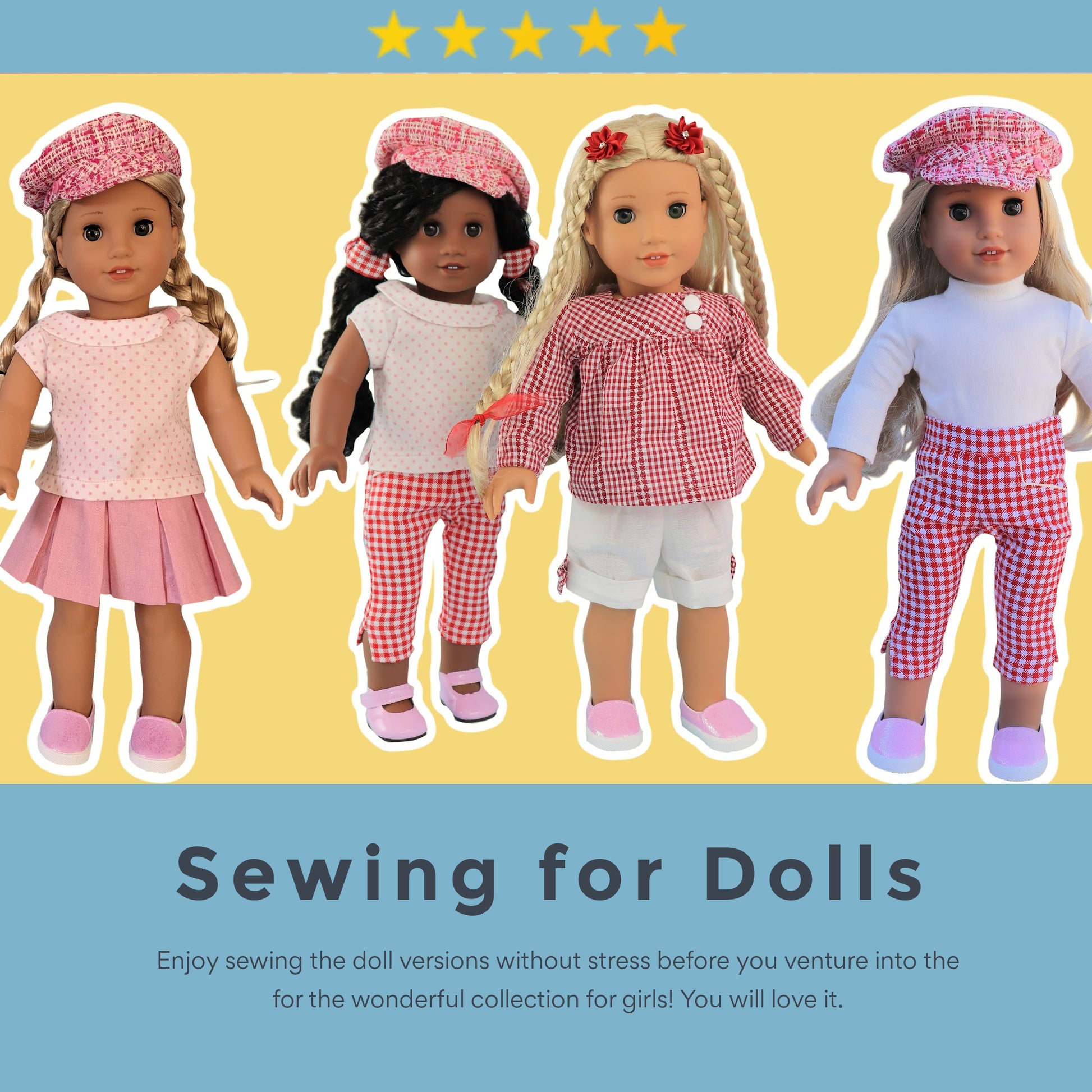 Banner for the whole doll collection available in this shop. Suitable for 18 inch dolls such as American Girl.