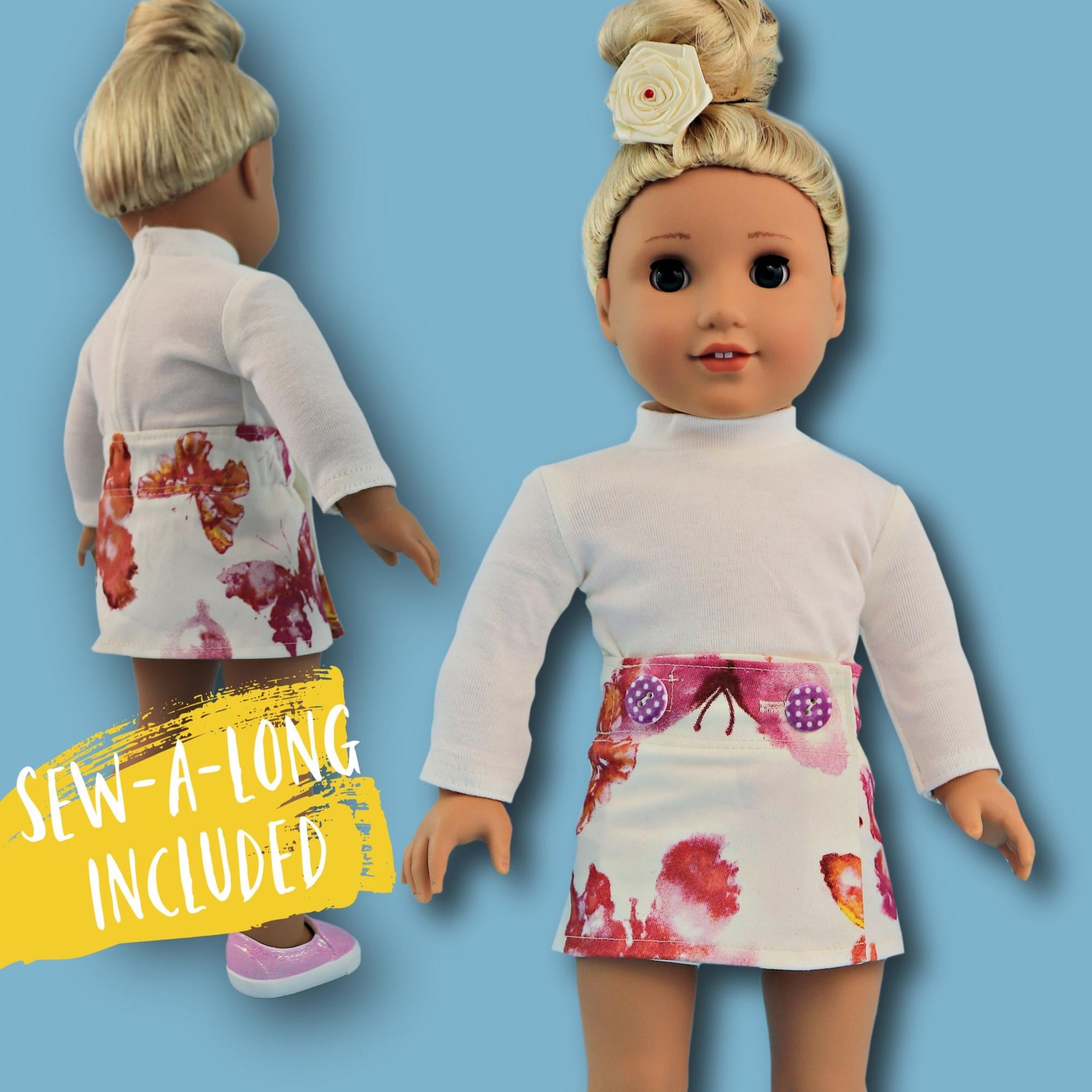 Jutta doll skirt, pdf sewing pattern by Frocks and Frolics. Doll denim skirt with Velcro closure, beautiful American Girl Doll sewing pattern. Front and back view. Sew-a-long included.