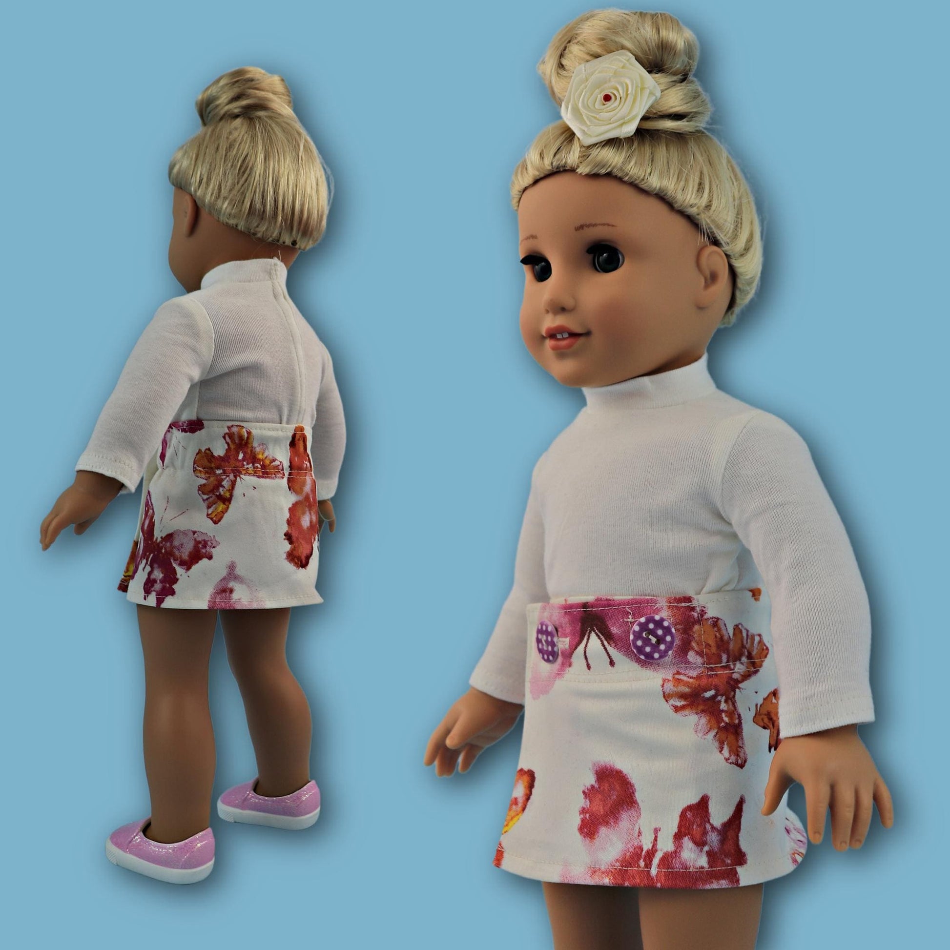 Jutta doll skirt, pdf sewing pattern by Frocks and Frolics. Doll denim skirt with Velcro closure, beautiful American Girl Doll sewing pattern. Front and back view.