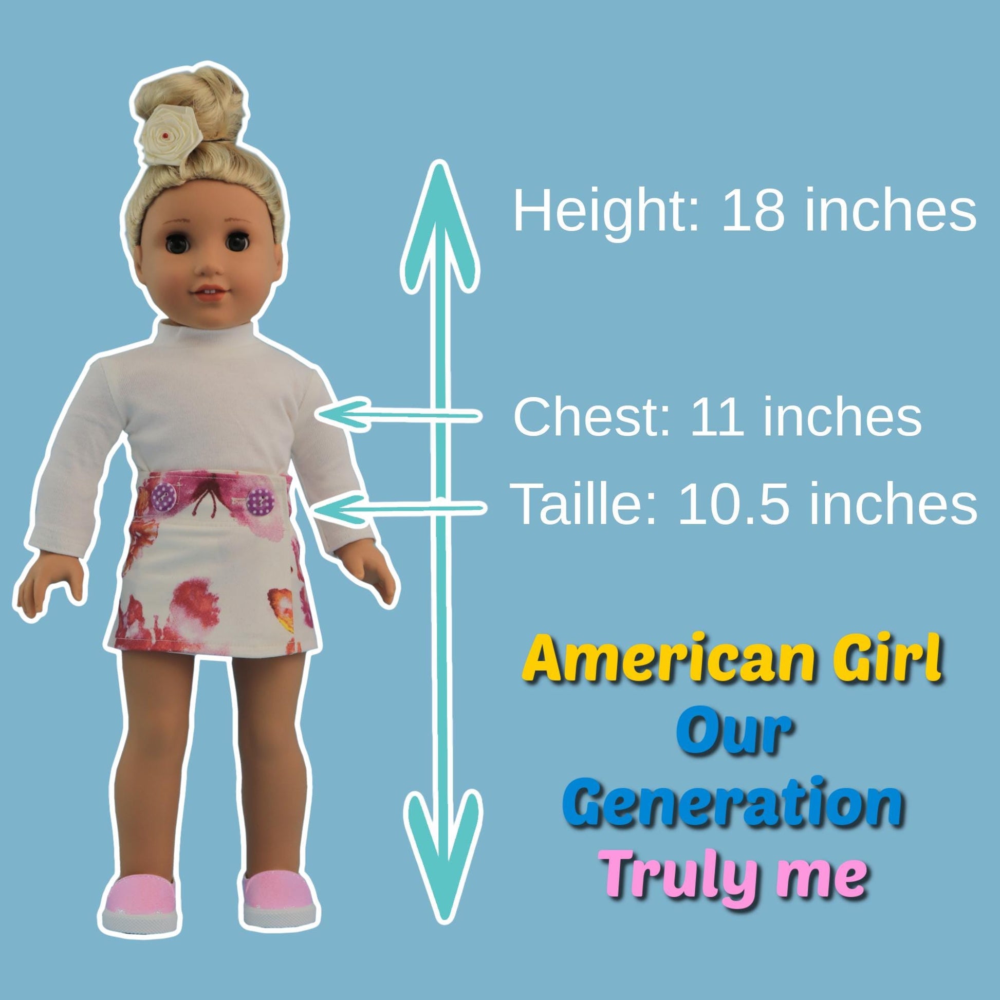 Height chart for American Girl dolls. Features doll in wrap skirt and jumper