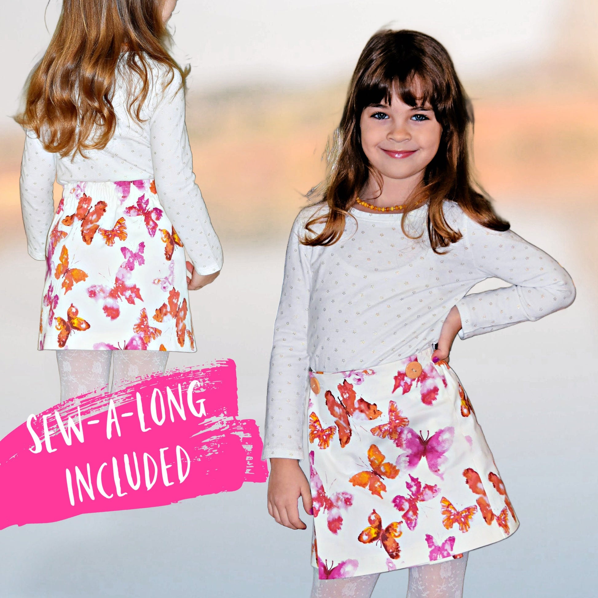 Cute wrap skirt with buttonclosure in gorgeous printed cream denim with a orange and purple butterfly print. PDF sewing pattern for age 1-12 by Frocks & Frolics. The pattern includes a video tutorial you can watch for free.