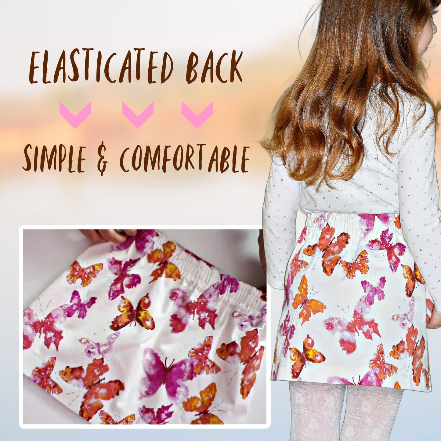Cute wrap skirt with buttonclosure in gorgeous printed cream denim with a orange and purple butterfly print. PDF sewing pattern for age 1-12 by Frocks & Frolics. The pattern includes a video tutorial you can watch for free.