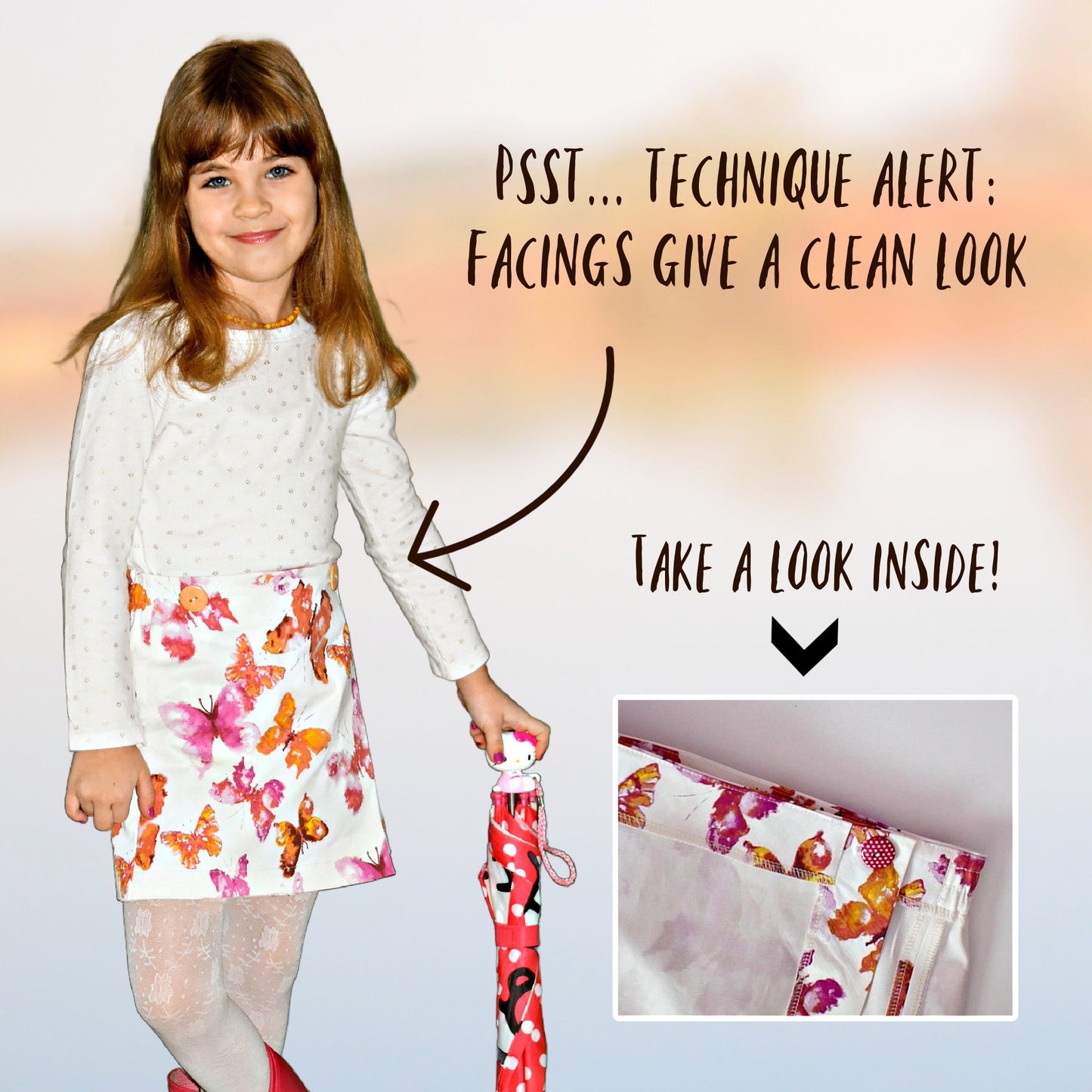 Cute wrap skirt with buttonclosure in gorgeous printed cream denim with a orange and purple butterfly print. PDF sewing pattern for age 1-12 by Frocks & Frolics. The pattern includes a video tutorial you can watch for free.