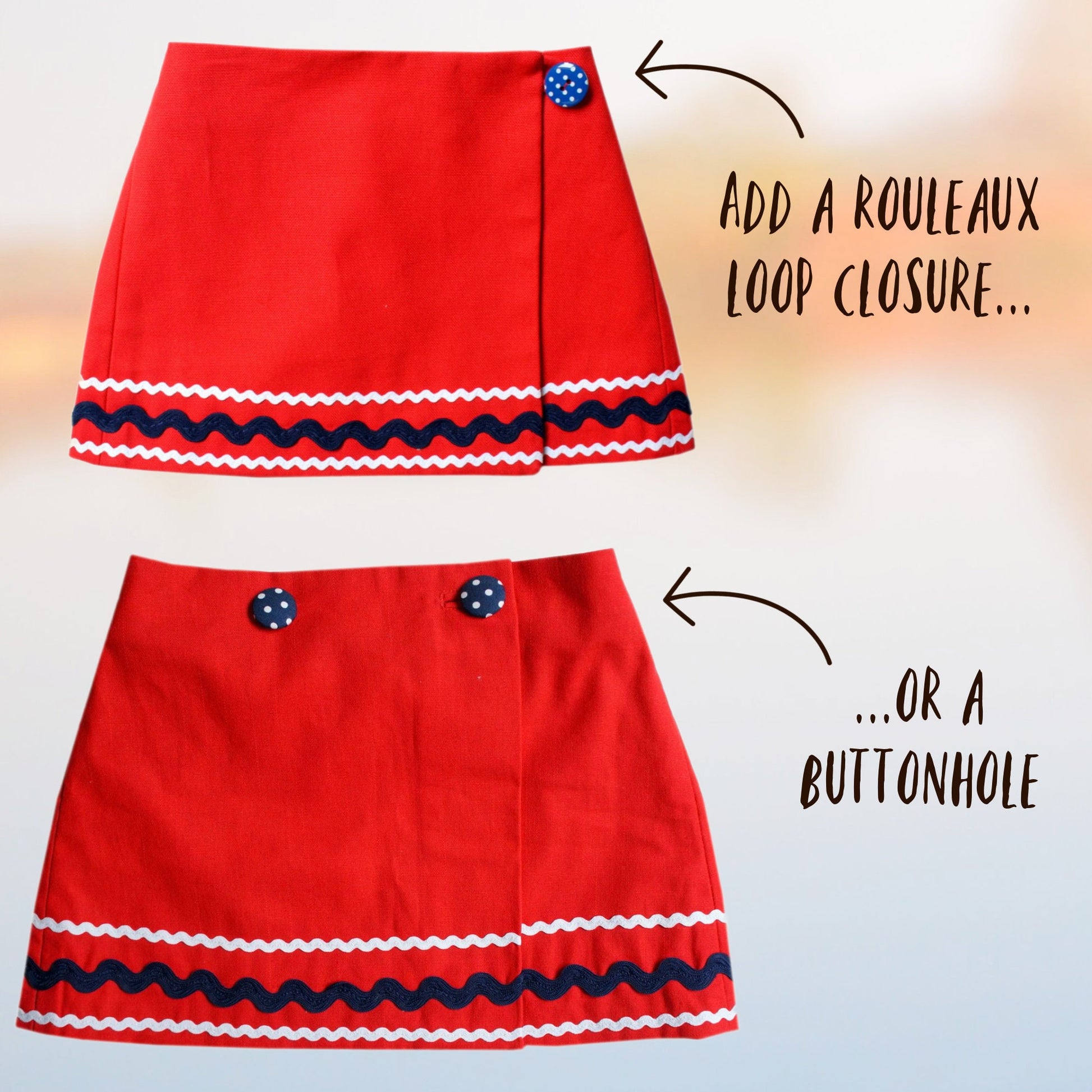 Cute wrap skirt with buttonclosure in gorgeous red linen with rick-rack embroidery. PDF sewing pattern for age 1-12 by Frocks & Frolics. The pattern includes a video tutorial you can watch for free.