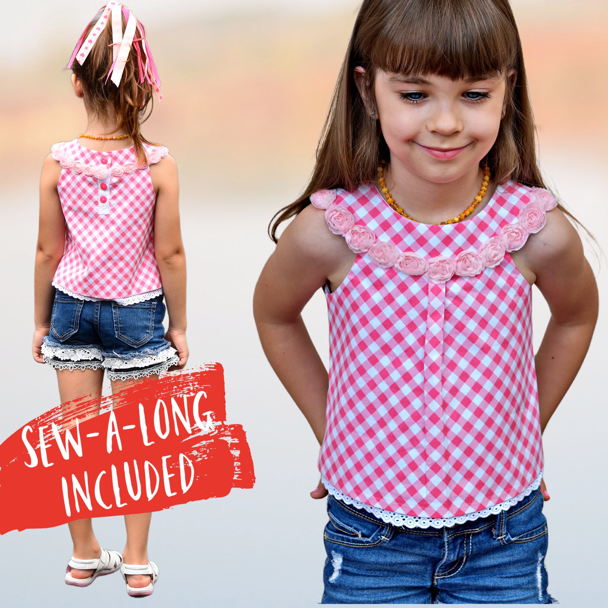Pretty girl wearing a cute blouse with round yoke collar. Its in a Michael Miller Gingham and has decorative roses attached to the round yoke. The side view reveals a fully lined armhole. The hem has a slim lace trim.