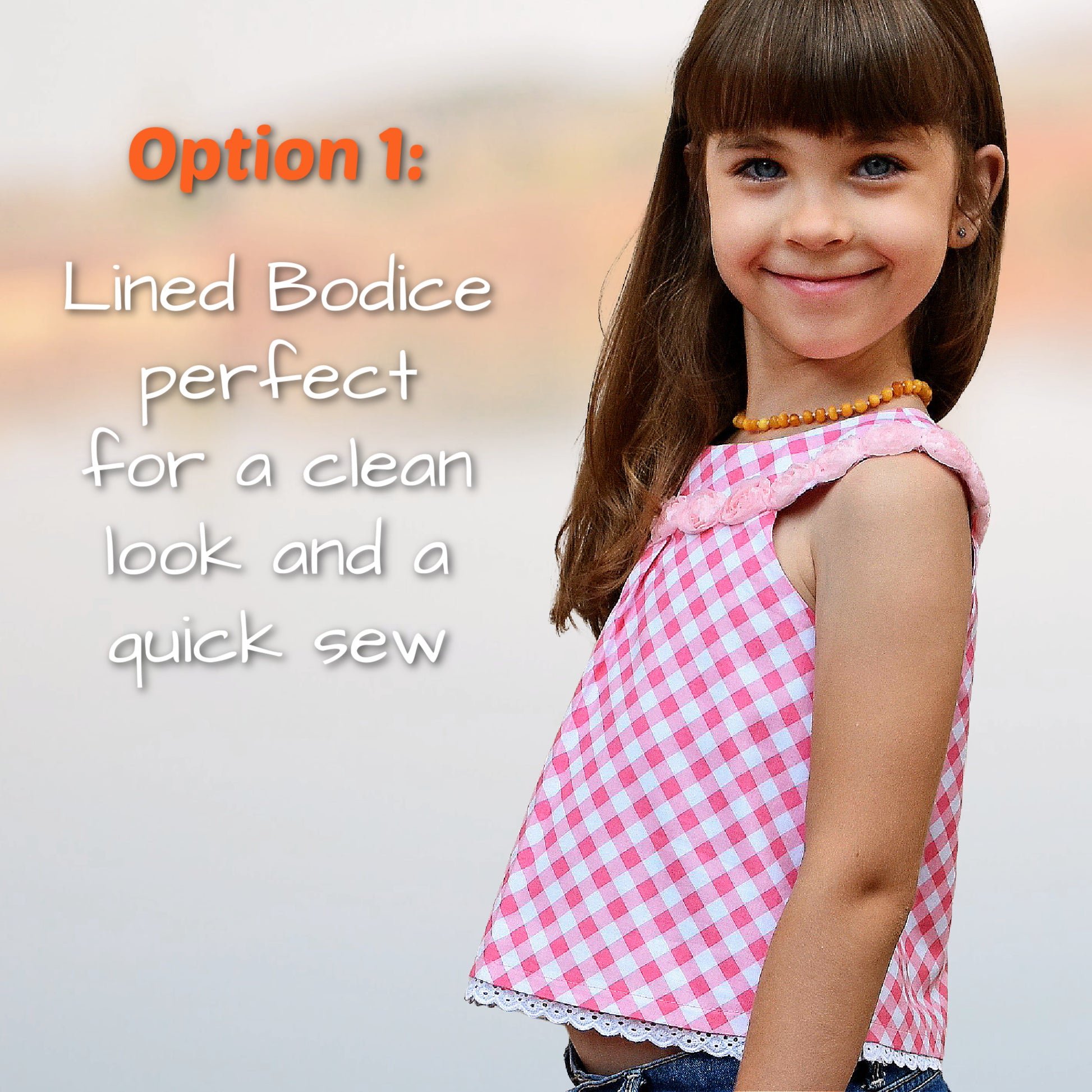 Pretty girl wearing a cute blouse with round yoke collar. Its in a Michael Miller Gingham and has decorative roses attached to the round yoke. The side view reveals a fully lined armhole. The hem has a slim lace trim.