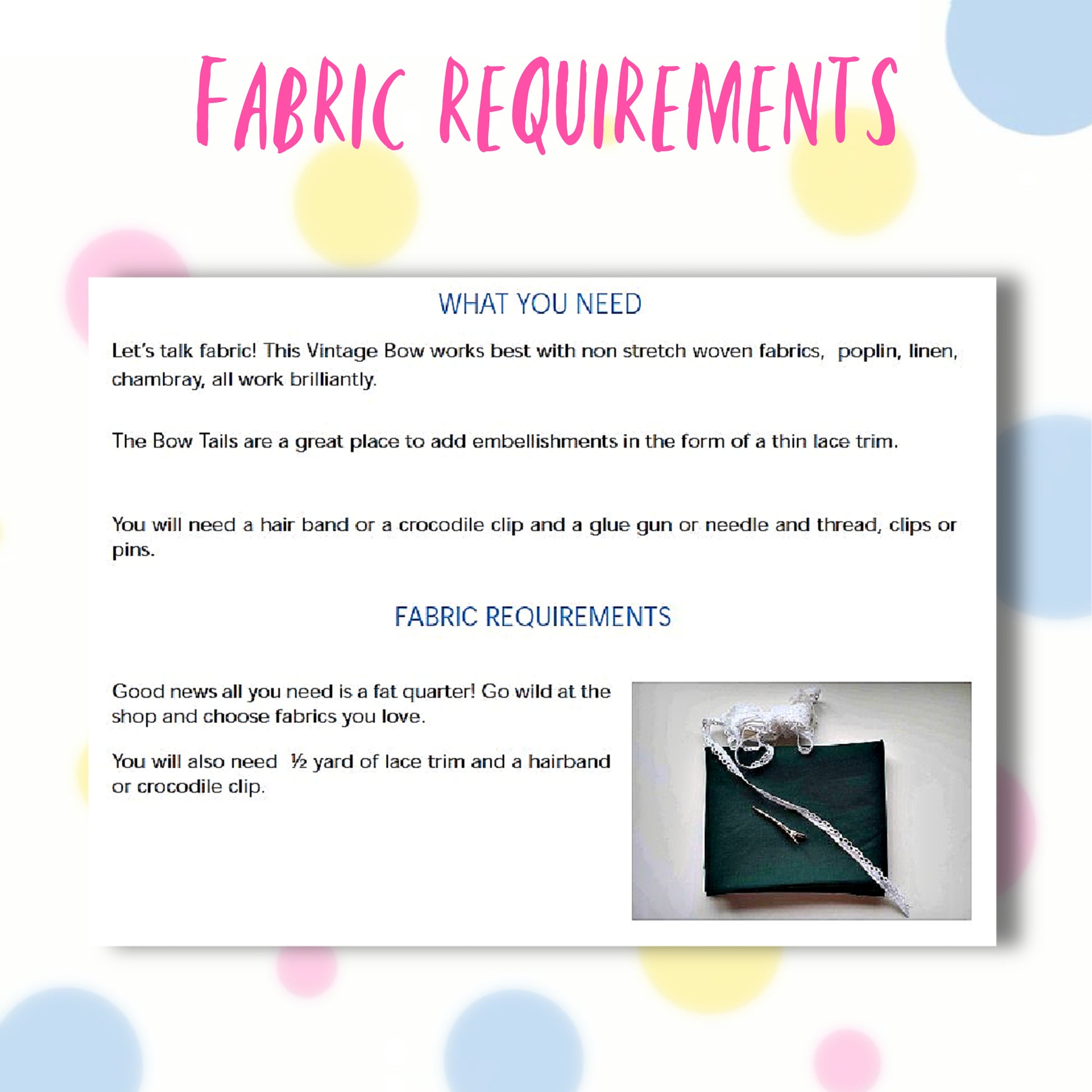Lilou Vintage Bow, pdf sewing pattern. Extra large bow with frill for hairclips. The pattern comes with a video tutorial for beginners. Super nice and easy sewing project for beginners. The fabric requirements are listed here.