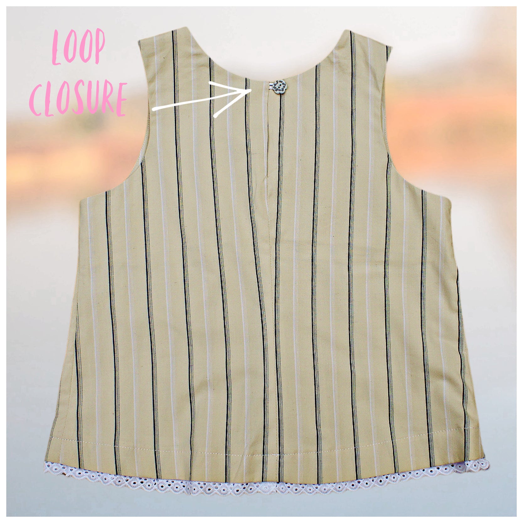 Pretty sleeveless summer dress with front pleats which open out. A-line shape, knee length. Sewing pattern and free video tutorial by Frocks & Frolics.