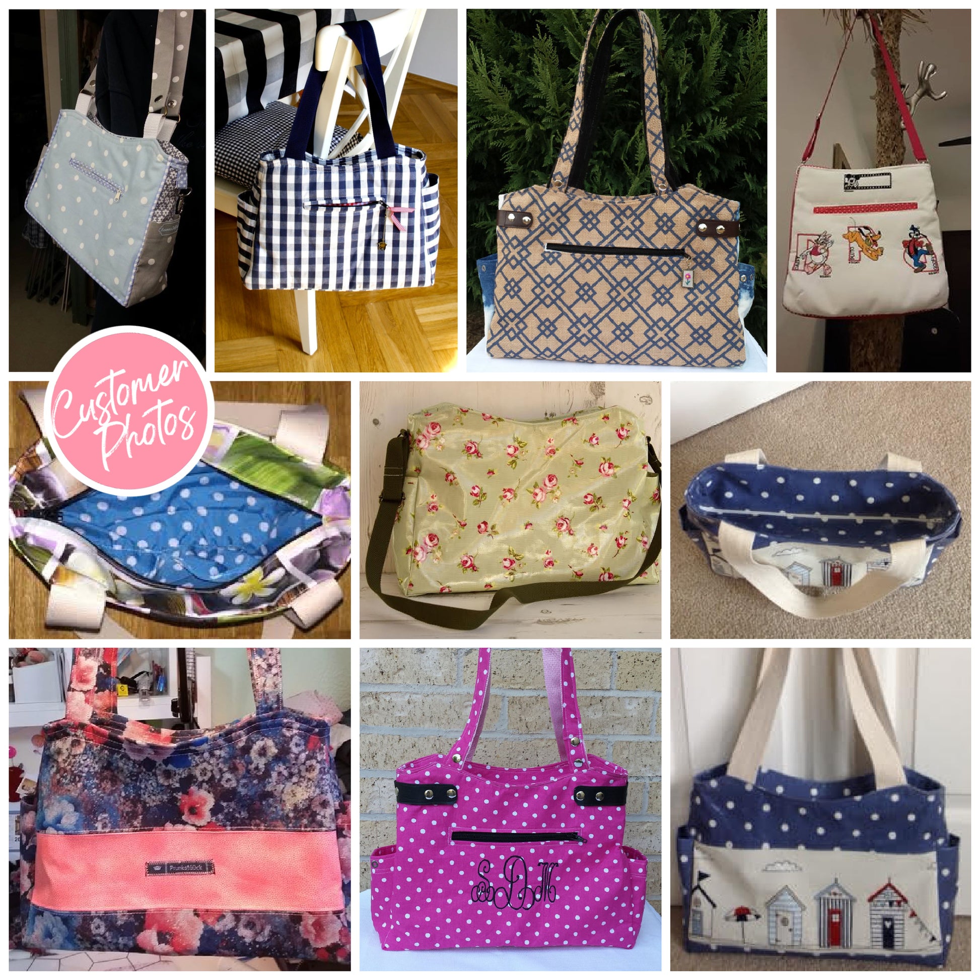 London tote bag pdf sewing pattern by Frocks & Frolics. In laminated oil cloth. Pink with dianty flowers. Wide handles and outside pockets. Fully lined, recessed zip. Comes with a free video course.