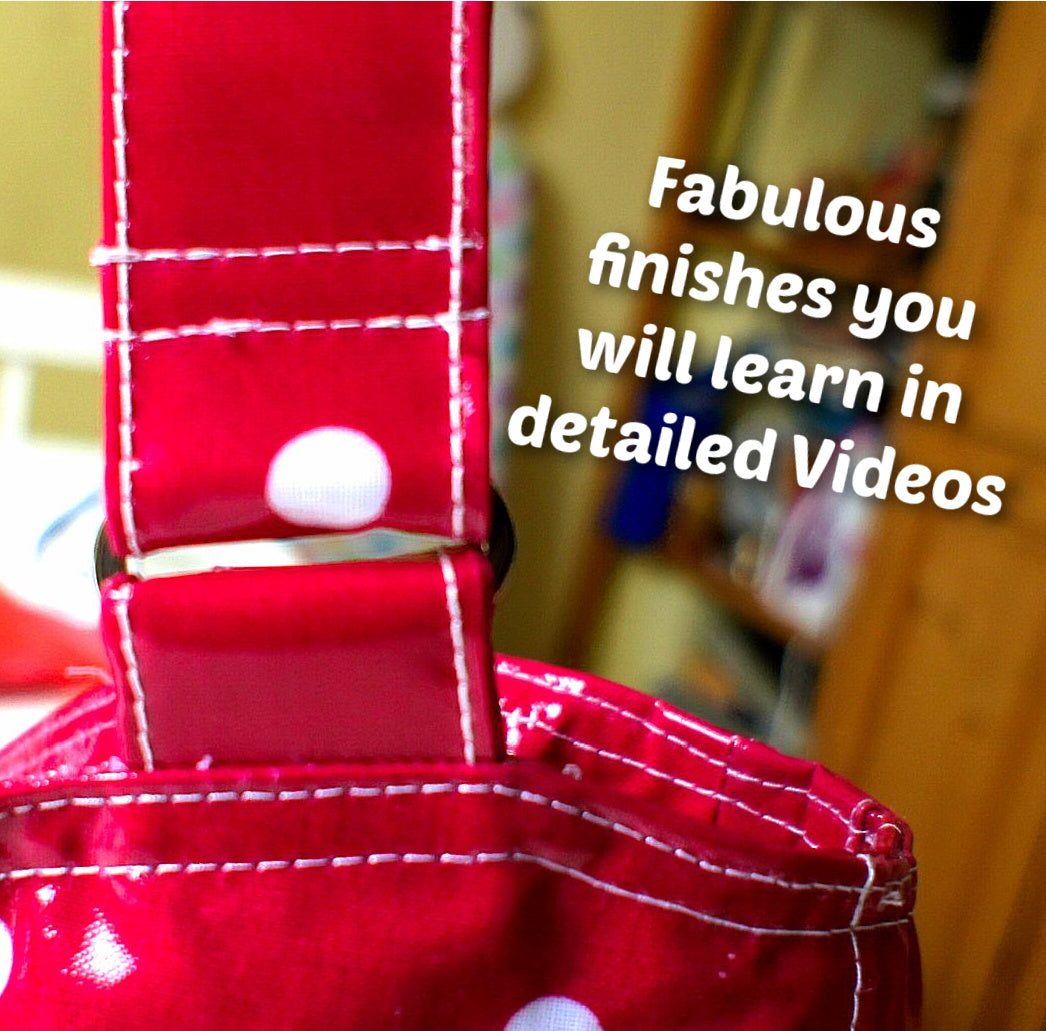 London tote bag pdf sewing pattern by Frocks & Frolics. In laminated oil cloth. Pink with dianty flowers. Wide handles and outside pockets. Fully lined, recessed zip. Comes with a free video course.