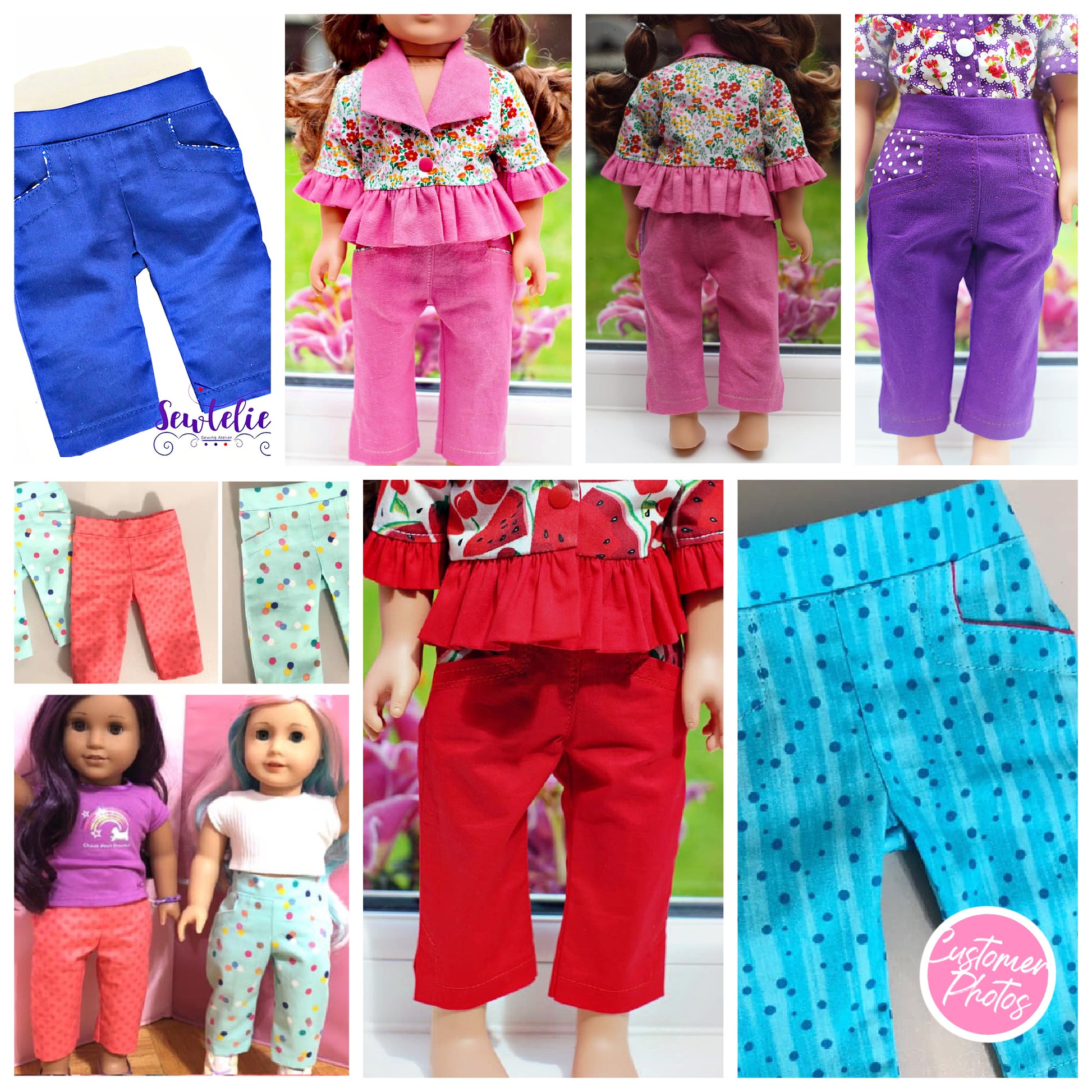 Audrey Capri pants, American girl pdf sewing pattern. Fits 18 inch dolls. Faux pockets, flat front waistband, elasticated in the back. Velcro closure. Comes with video tutorial. Customer photos.