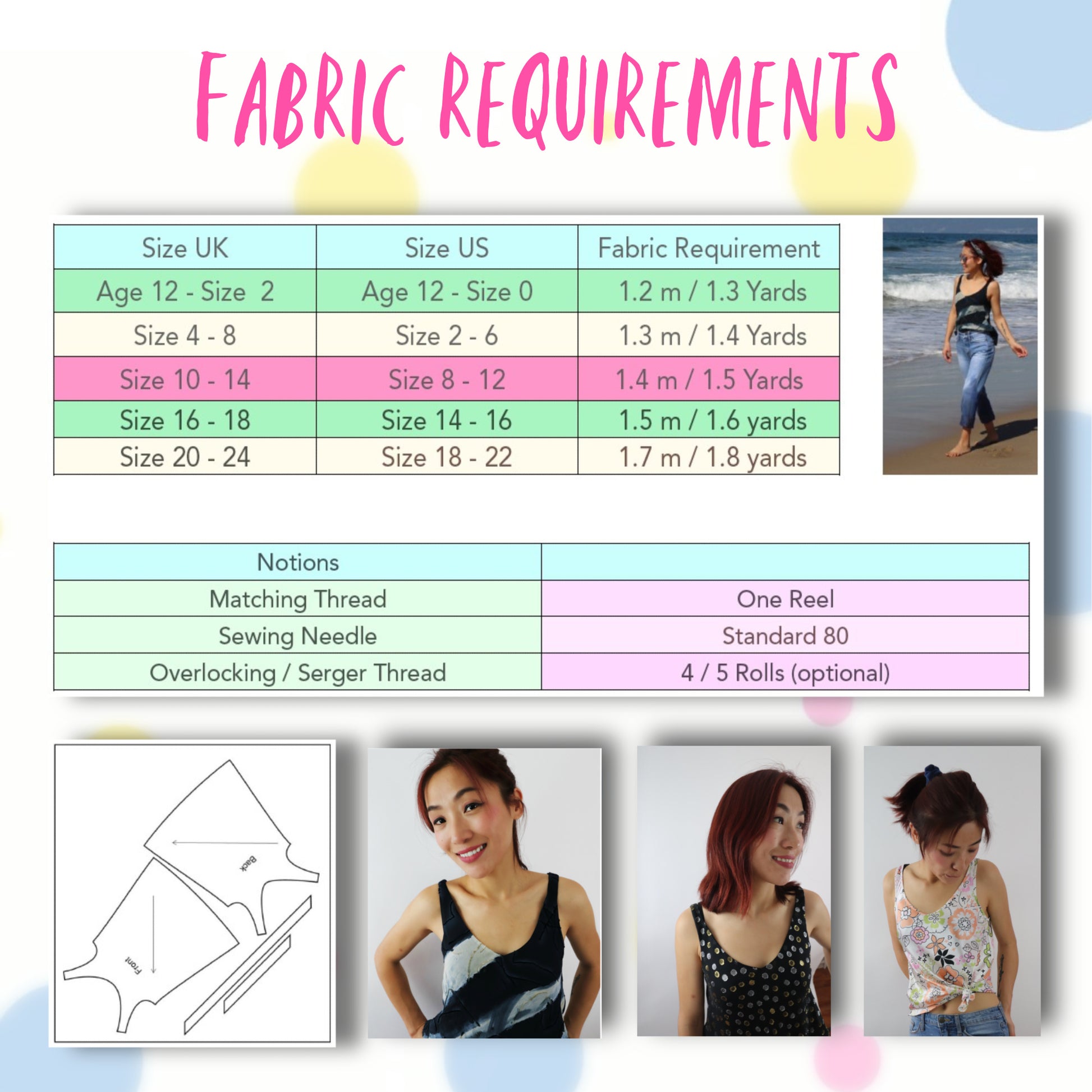 Manhattan tank top, pdf sewing pattern by Frocks and Frolics. Low rounded V-neck and low cut back. Lined or single layer option with video tutorials for both versions. Fabric requirements