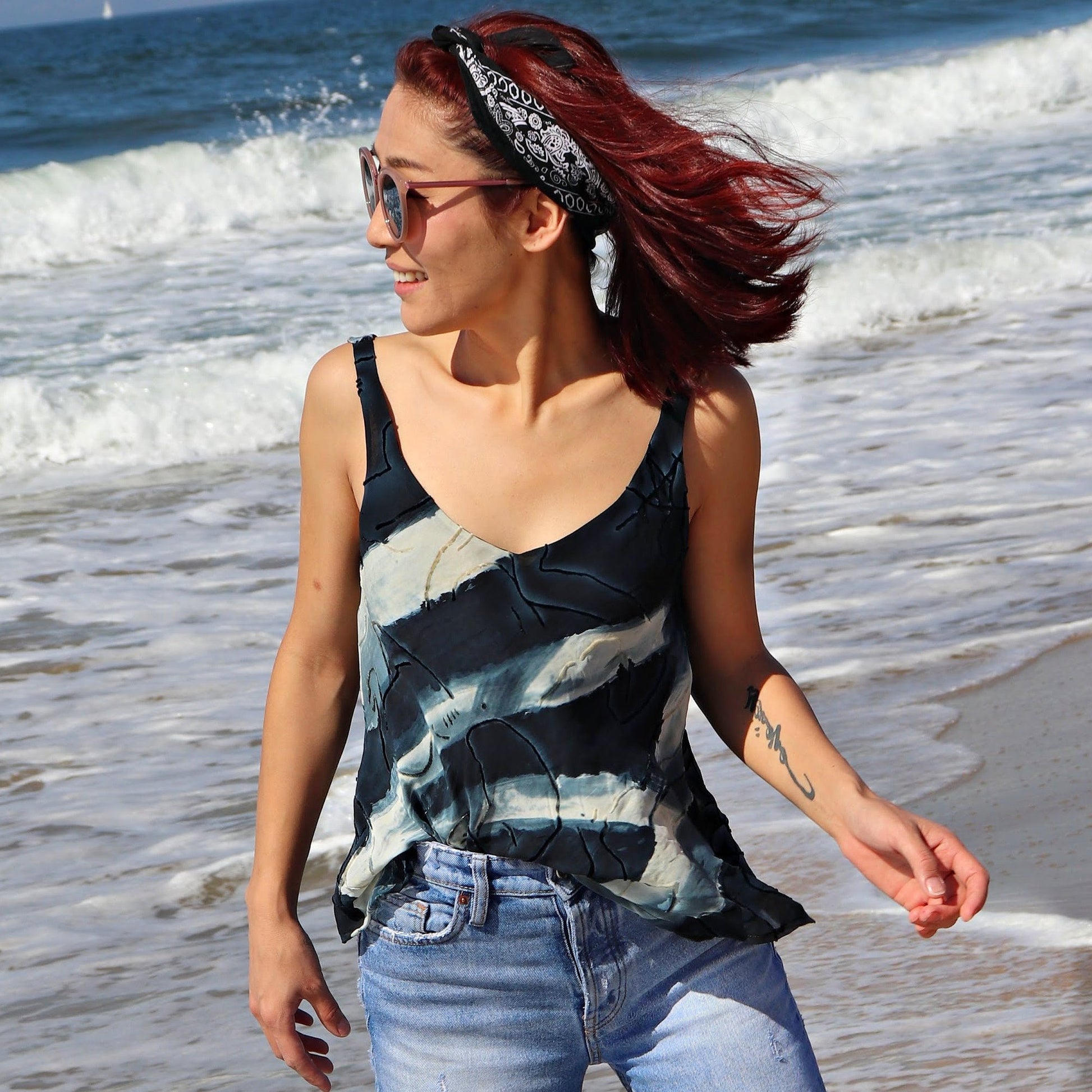 Manhattan tank top, pdf sewing pattern by Frocks and Frolics. Bias cut chiffon top in hand painted silk. Low rounded V-neck and low cut back. Lined or single layer option with video tutorials for both versions.