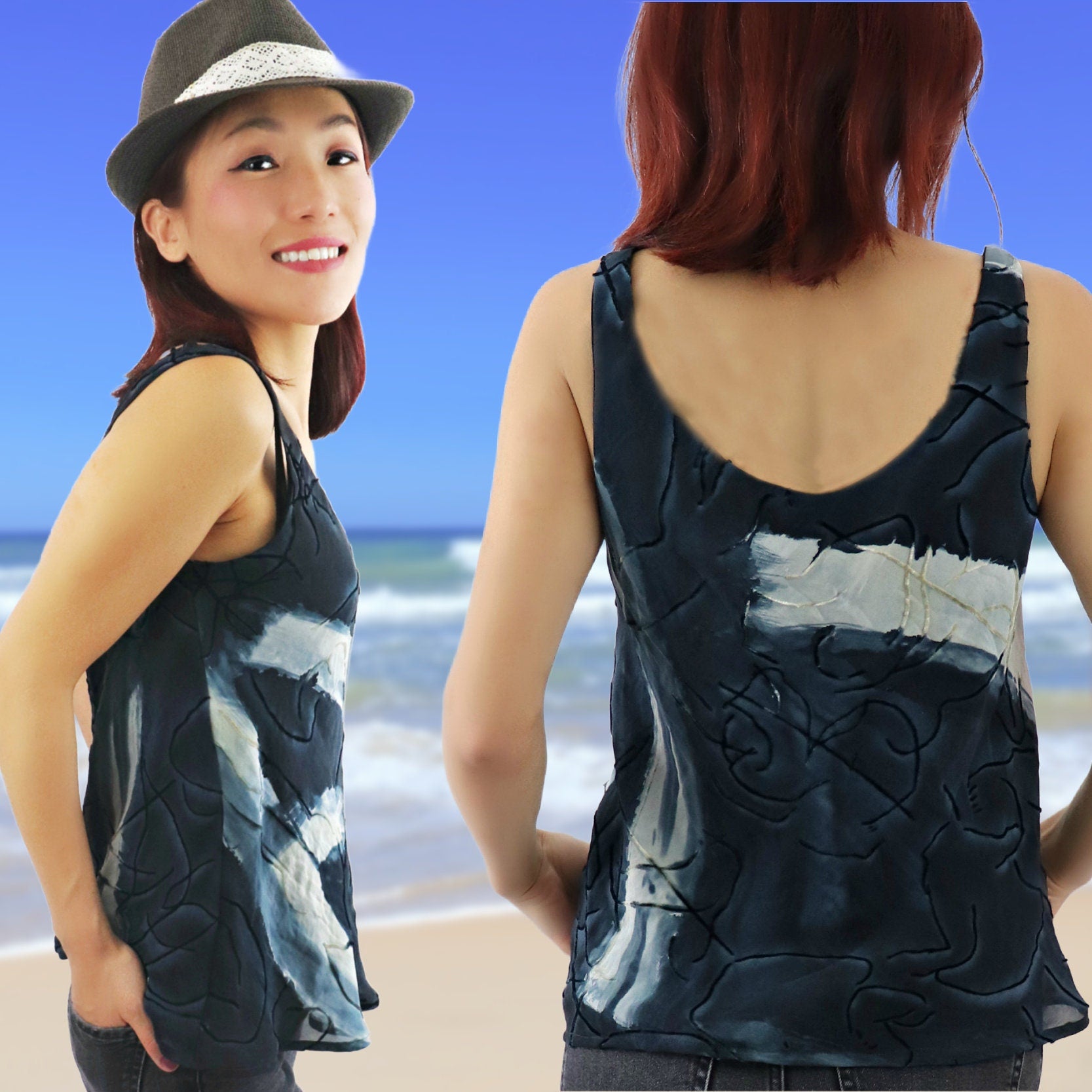 Manhattan tank top, pdf sewing pattern by Frocks and Frolics. Bias cut chiffon top in hand painted silk. Low rounded V-neck and low cut back. Lined or single layer option with video tutorials for both versions.