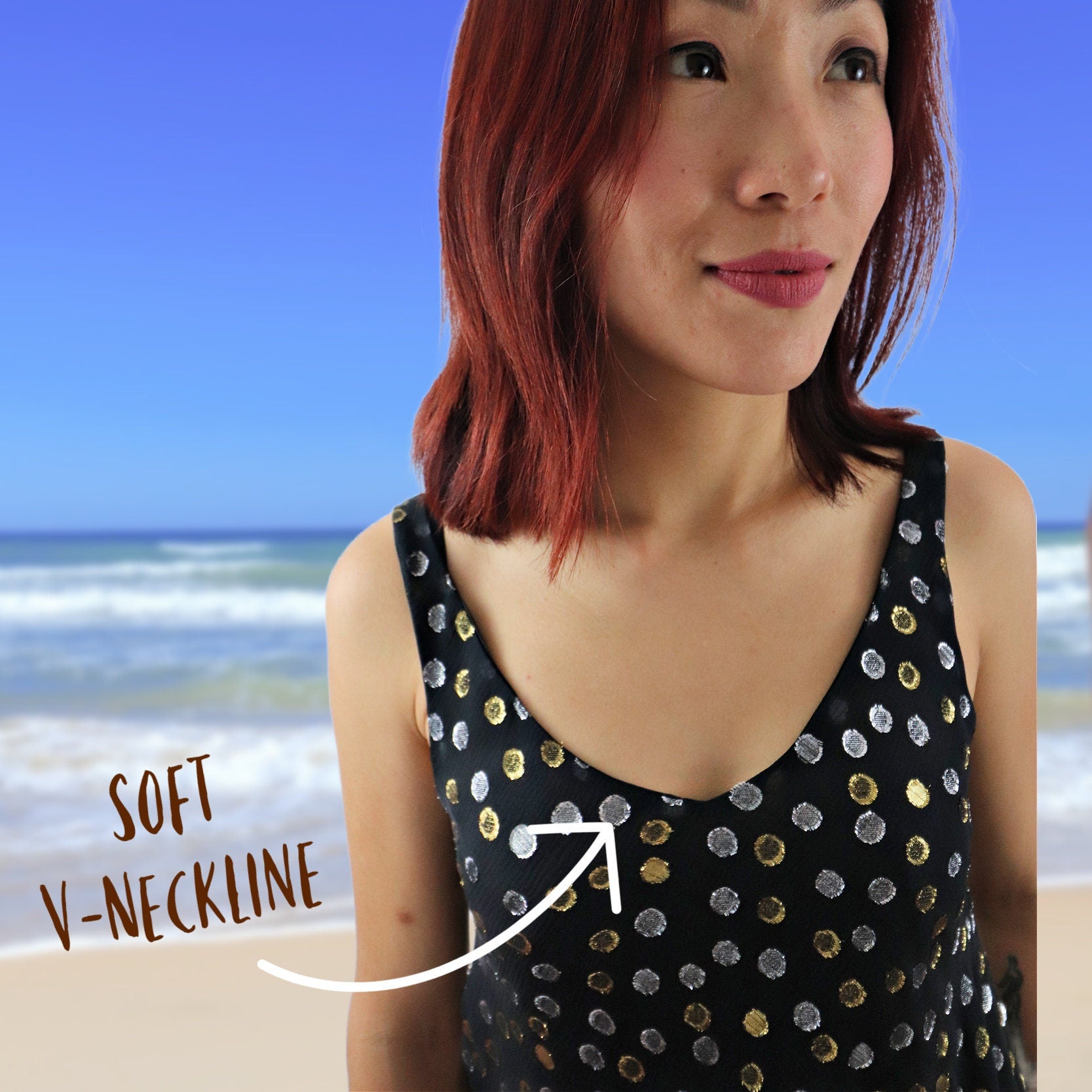 Manhattan tank top, pdf sewing pattern by Frocks and Frolics. Bias cut chiffon top in hand painted silk. Low rounded V-neck and low cut back. Lined or single layer option with video tutorials for both versions.