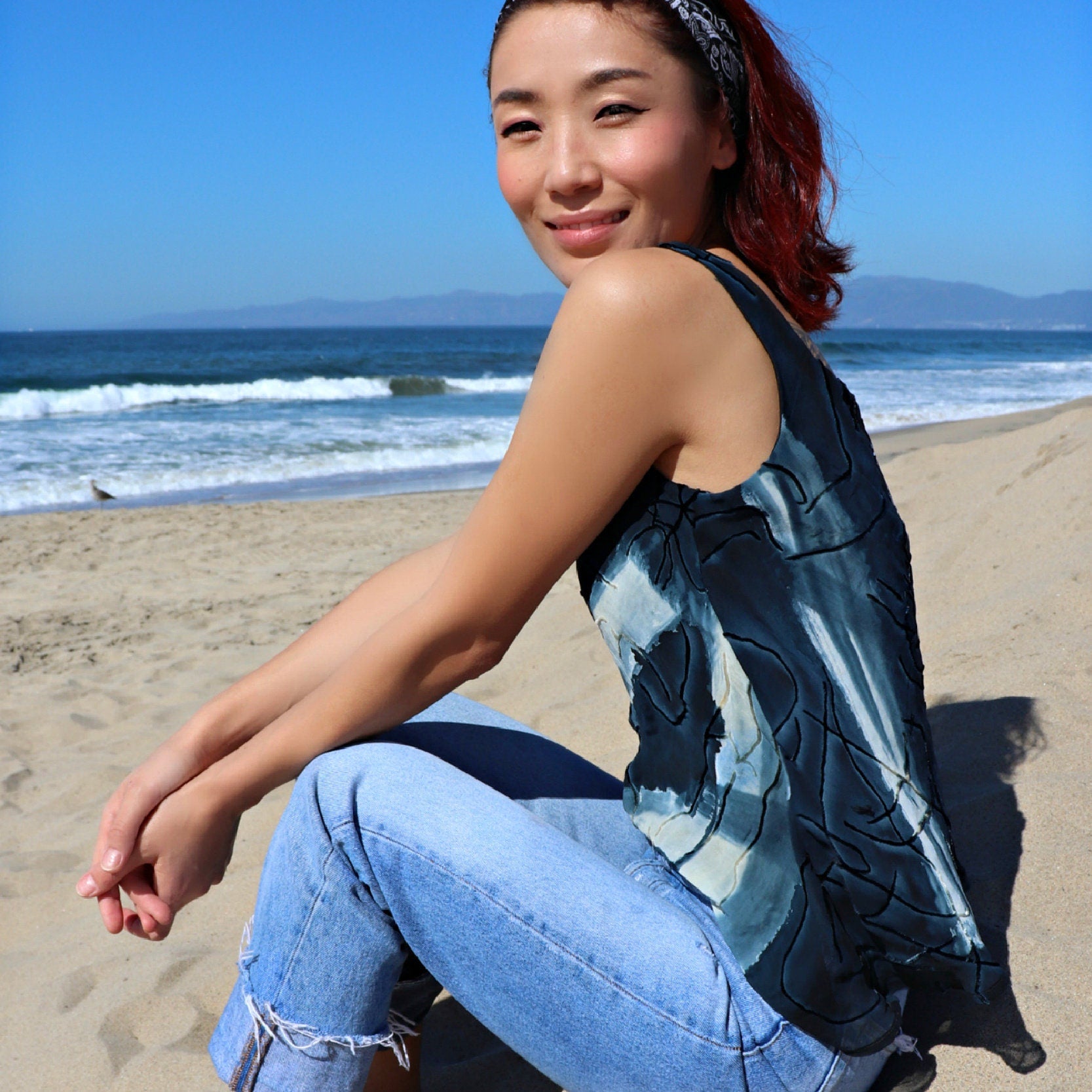 Manhattan tank top, pdf sewing pattern by Frocks and Frolics. Bias cut chiffon top in hand painted silk. Low rounded V-neck and low cut back. Lined or single layer option with video tutorials for both versions.