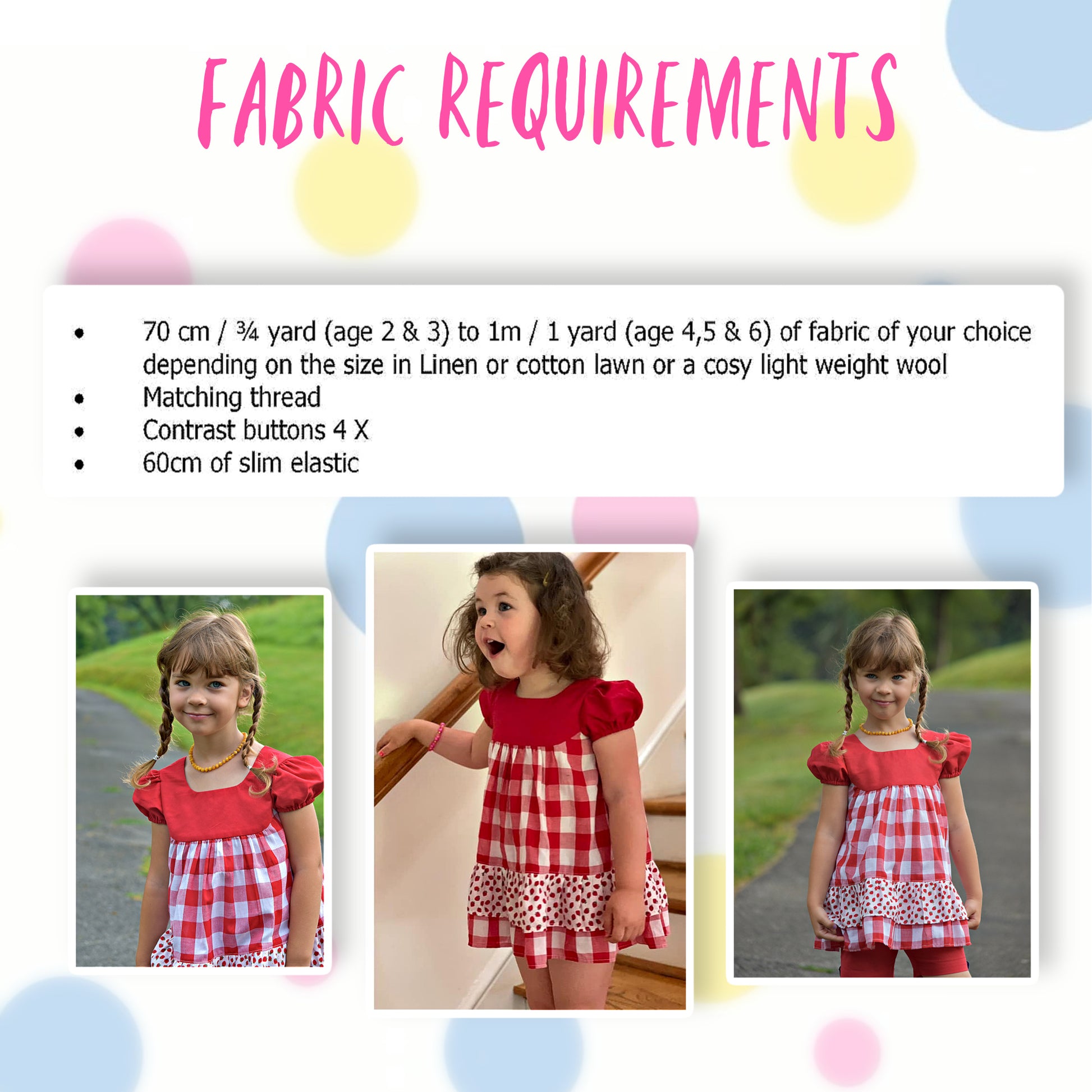 Millie dress pdf sewing pattern by Frocks & Frolics. Empire line bodice and slightly gathered skirt. Puff sleeves with elastication. Patch pockets with piping. Bodice has a cute lace trim. The fabric is white polka dots on a red cotton.