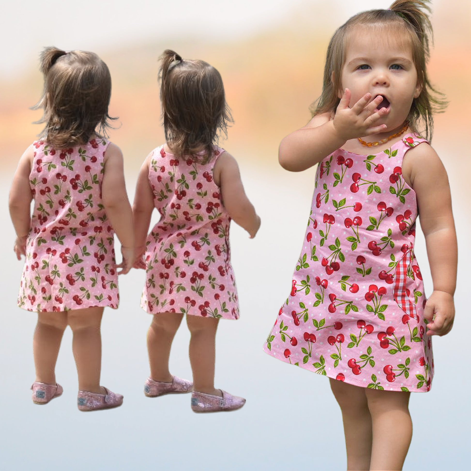 Mimi apron dress pdf sewing pattern. For girls age 1-12. Fully lined with side pockets and cute applique. In white polka dots with mint back base. Colour blocking with a flower print. Front and back view.