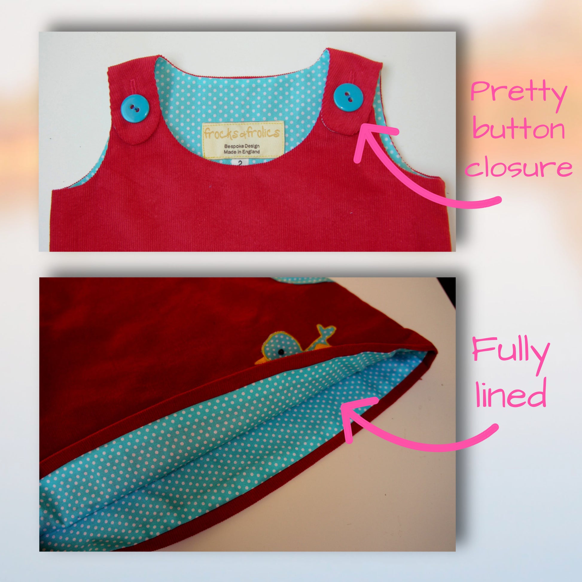 Mimi apron dress pdf sewing pattern. For girls age 1-12. Fully lined with side pockets and cute applique. In white polka dots with mint back base. Colour blocking with a flower print. Front and back view.