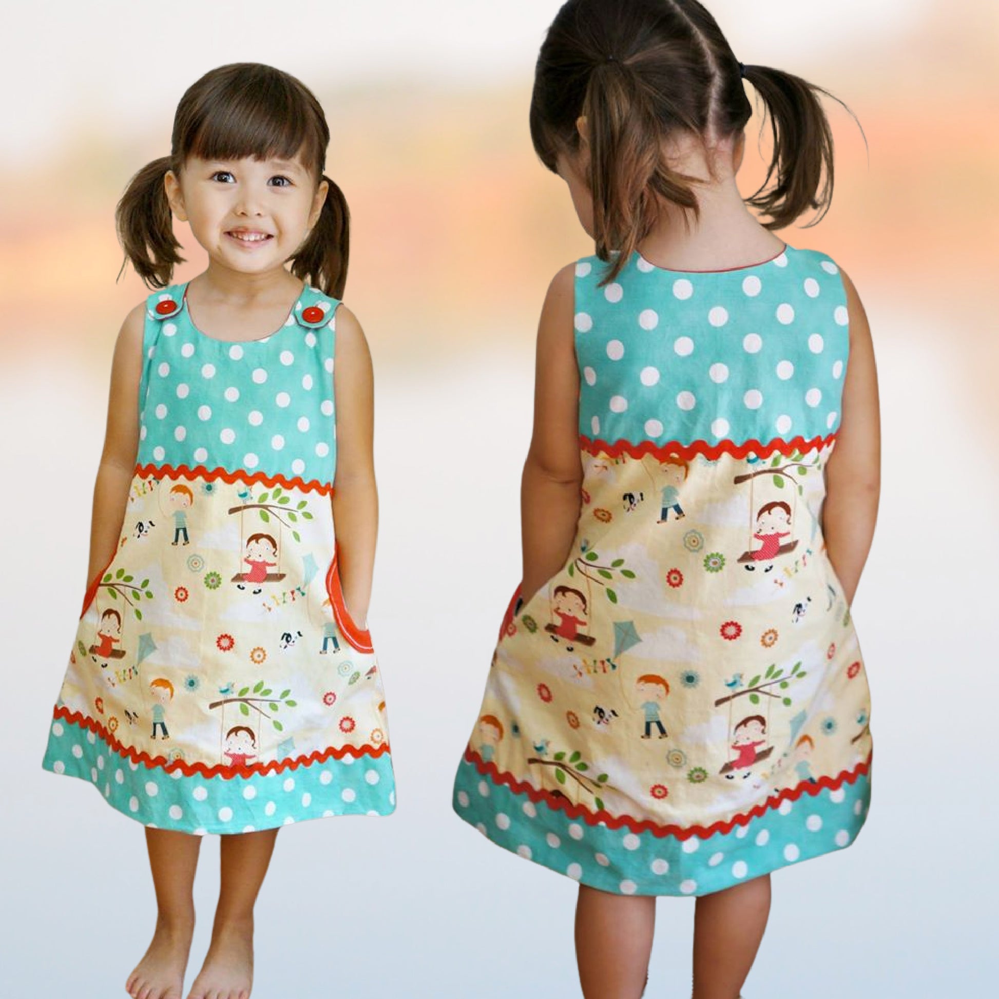 Mimi apron dress pdf sewing pattern. For girls age 1-12. Fully lined with side pockets and cute applique. In white polka dots with mint back base. Colour blocking with a flower print. Front and back view.