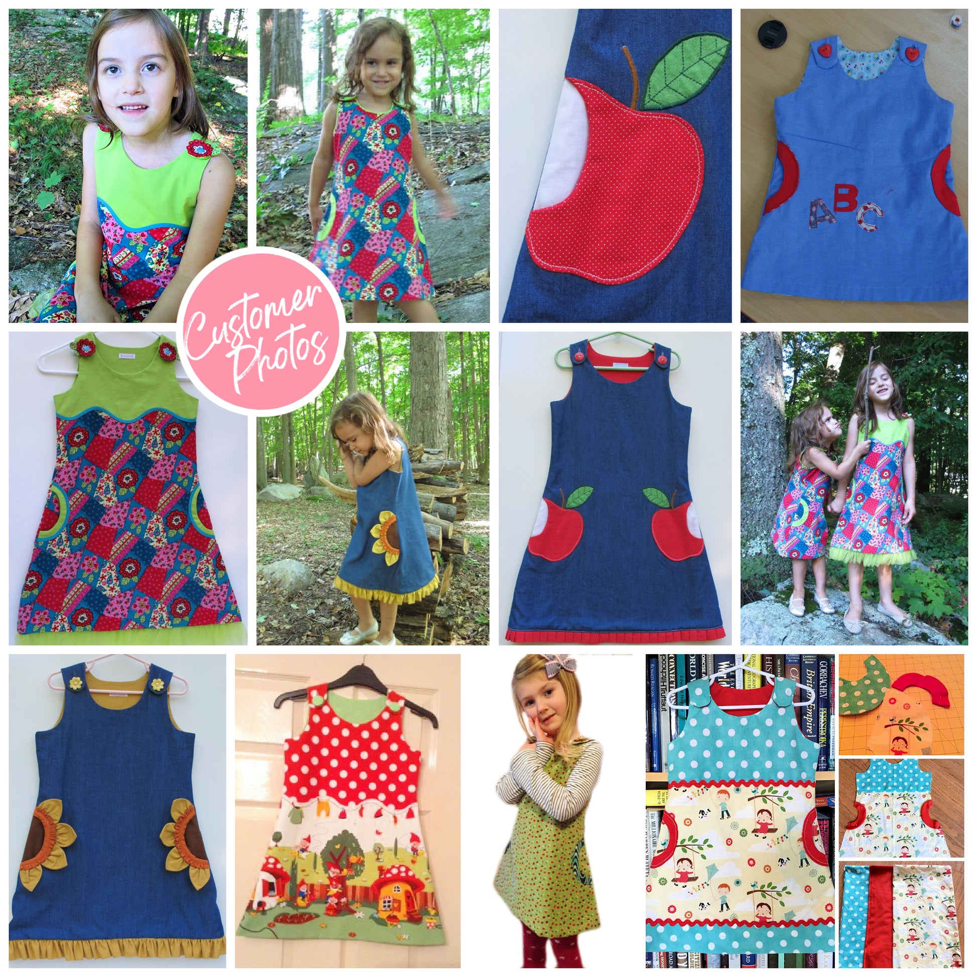 Mimi apron dress pdf sewing pattern. For girls age 1-12. Fully lined with side pockets and cute applique. Customer examples for inspiration.