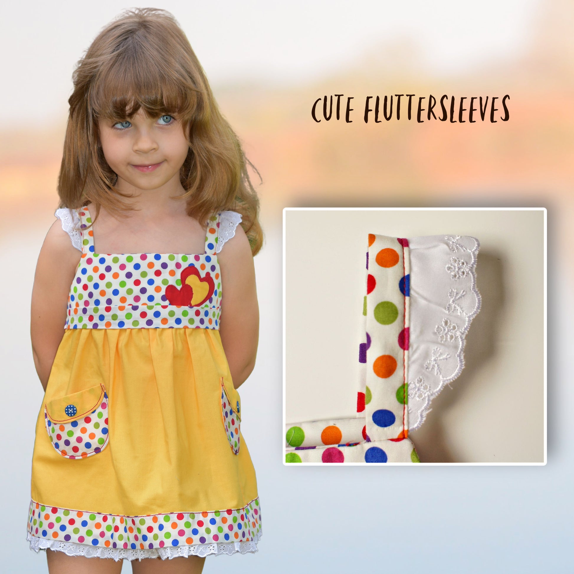 Natalie girls pinafore dress, pdf sewing pattern by Frocks & Frolics. High waist and sash with ties.  Here featuring a combination of Michael Miller fabrics in mushroom print and cute patch pockets. Double layer hem completes the look.