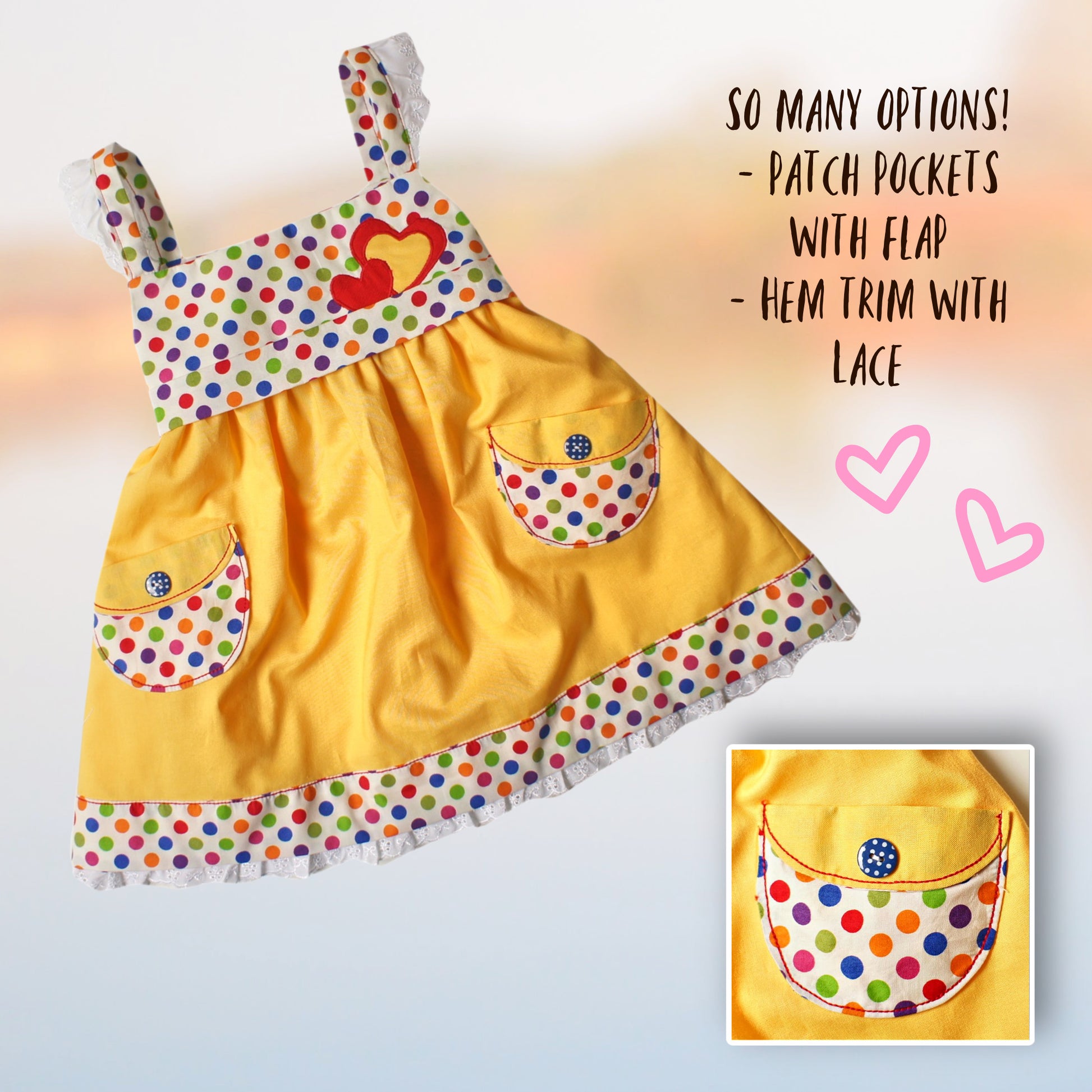 Natalie girls pinafore dress, pdf sewing pattern by Frocks & Frolics. High waist and sash with ties.  Here featuring a combination of Michael Miller fabrics in mushroom print and cute patch pockets. Double layer hem completes the look.