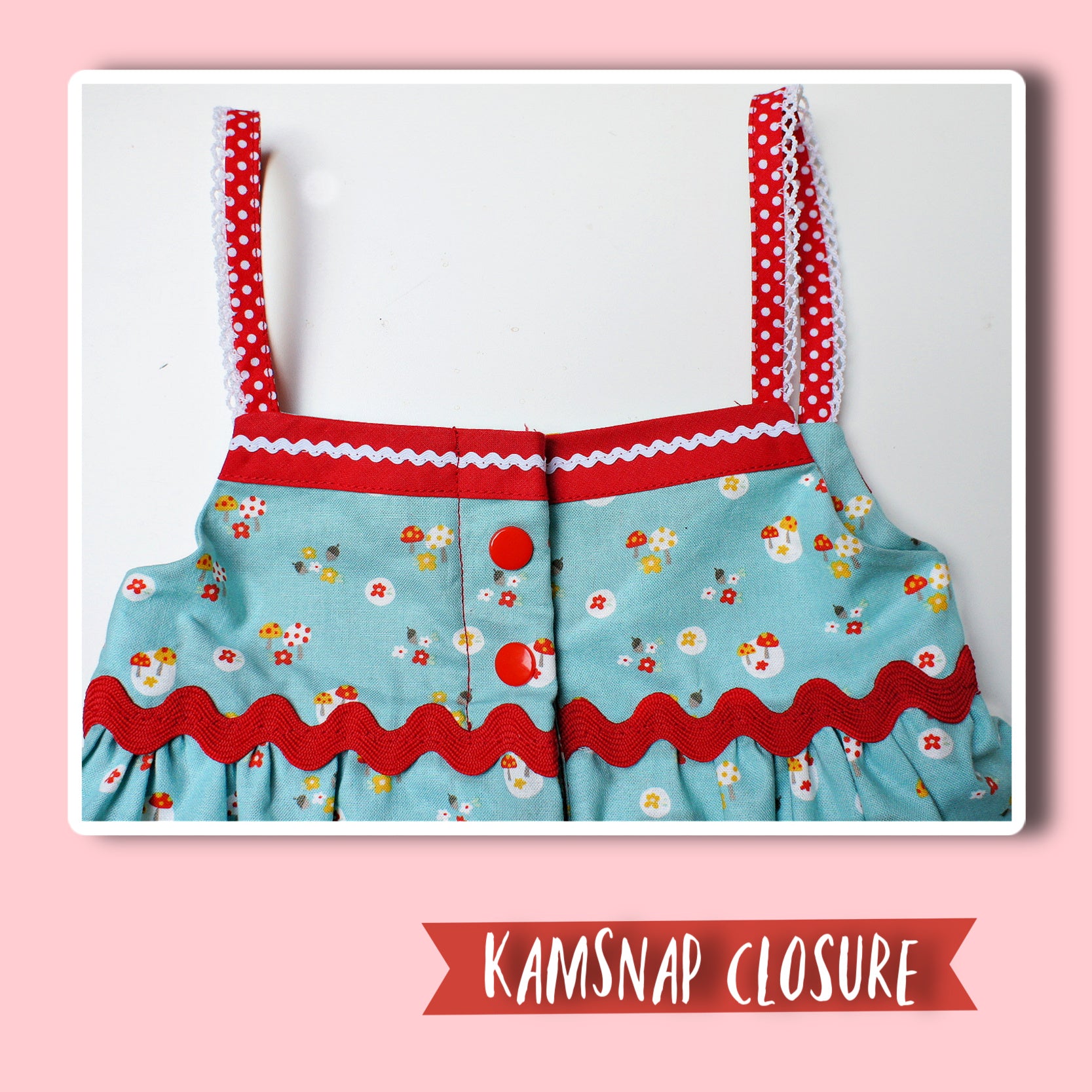 Natalie girls pinafore dress, pdf sewing pattern by Frocks & Frolics. High waist and sash with ties.  Here featuring a combination of Michael Miller fabrics in mushroom print and cute patch pockets. Double layer hem completes the look.