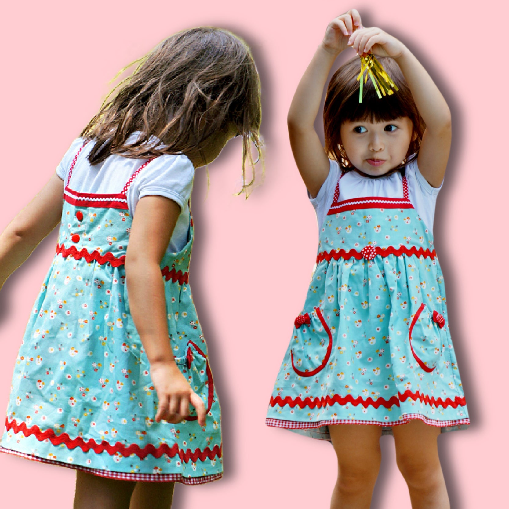 Natalie girls pinafore dress, pdf sewing pattern by Frocks & Frolics. High waist and sash with ties.  Here featuring a combination of Michael Miller fabrics in mushroom print and cute patch pockets. Double layer hem completes the look.