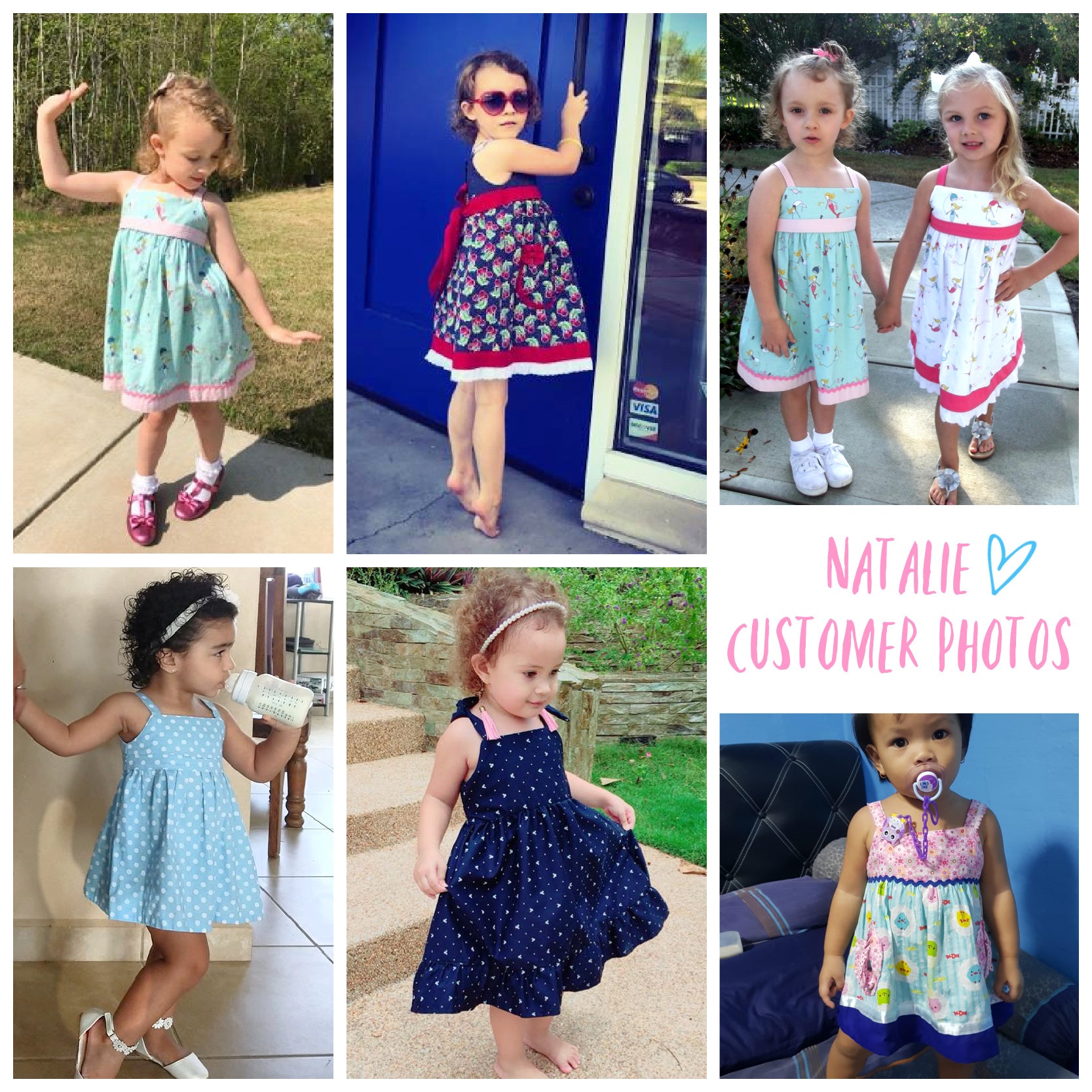 Natalie girls pinafore dress, pdf sewing pattern by Frocks & Frolics. High waist and sash with ties.  Here featuring a combination of Michael Miller fabrics in mushroom print and cute patch pockets. Double layer hem completes the look.