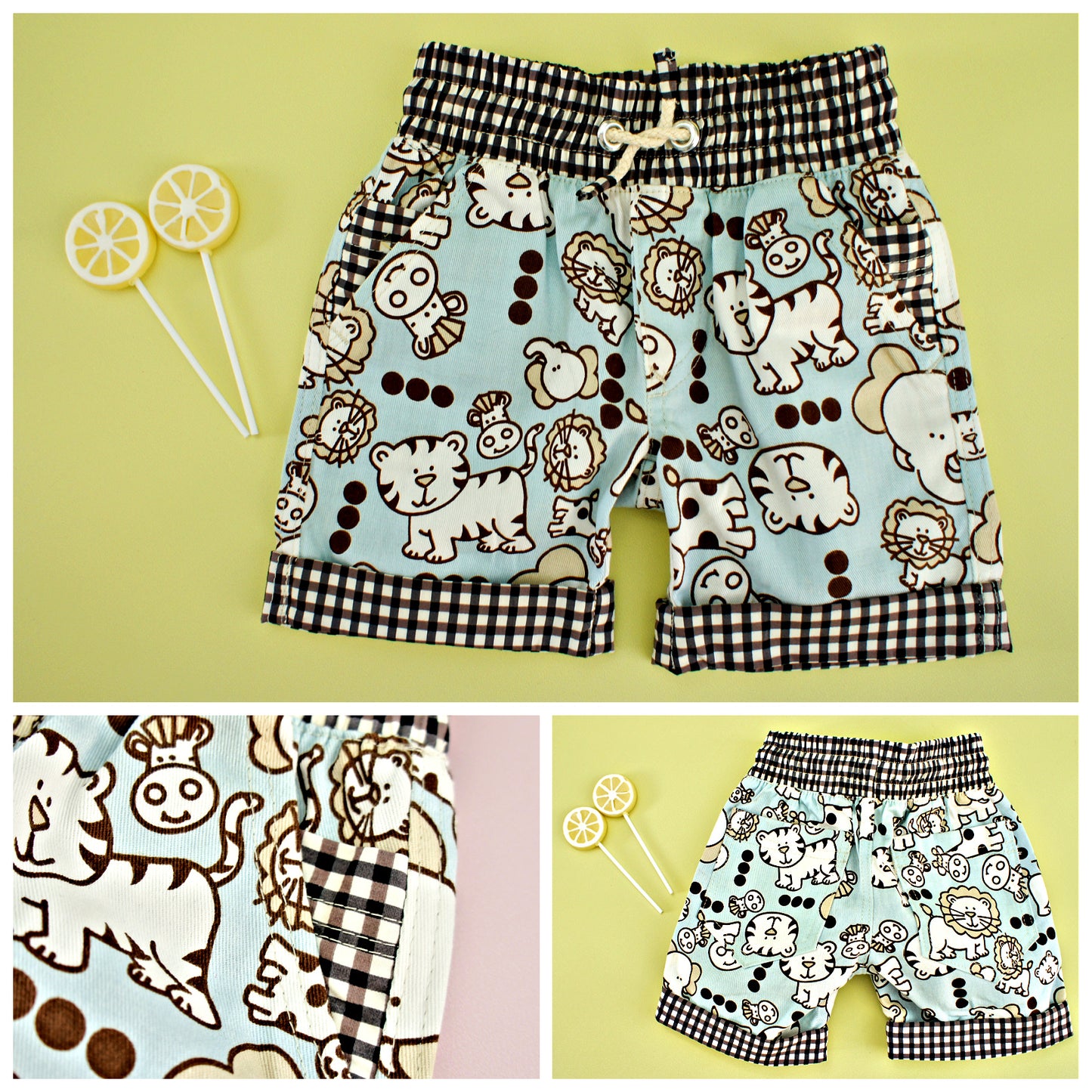 Oscar shorts, pdf sewing pattern by frocks and frolics, boys slacks, Bermuda shorts, age 1-14. Shorts have side pockets an elasticated waist and contrast turn up. Size Chart. Baby boy version with cute animal print.