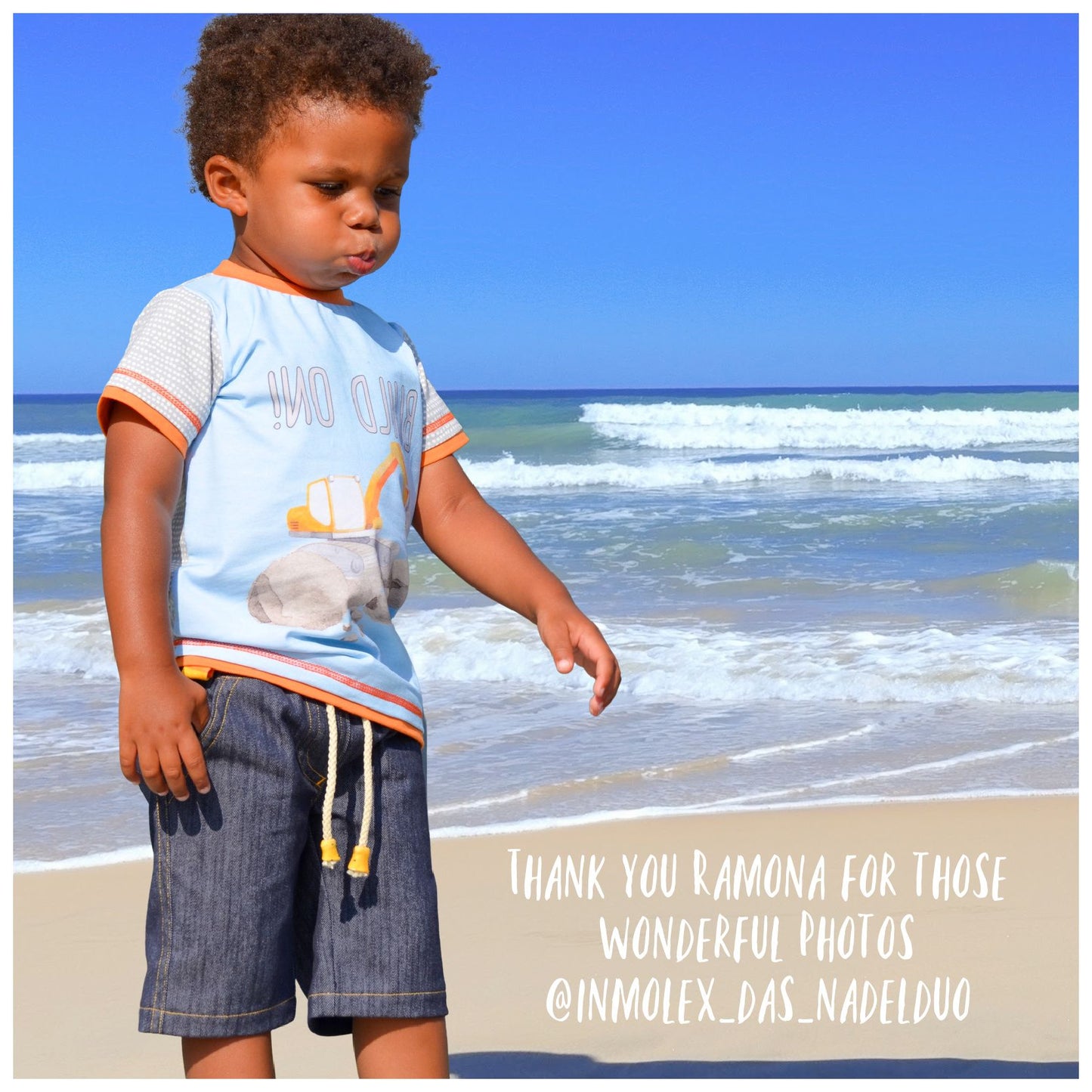 Oscar shorts, pdf sewing pattern by frocks and frolics, boys slacks, Bermuda shorts, age 1-14. Shorts have side pockets an elasticated waist and contrast turn up.