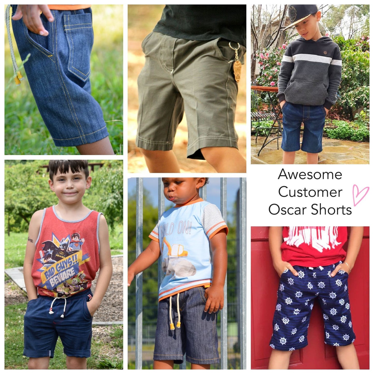 Oscar shorts, pdf sewing pattern by frocks and frolics, boys slacks, Bermuda shorts, age 1-14. Shorts have side pockets an elasticated waist and contrast turn up. Customer photos.