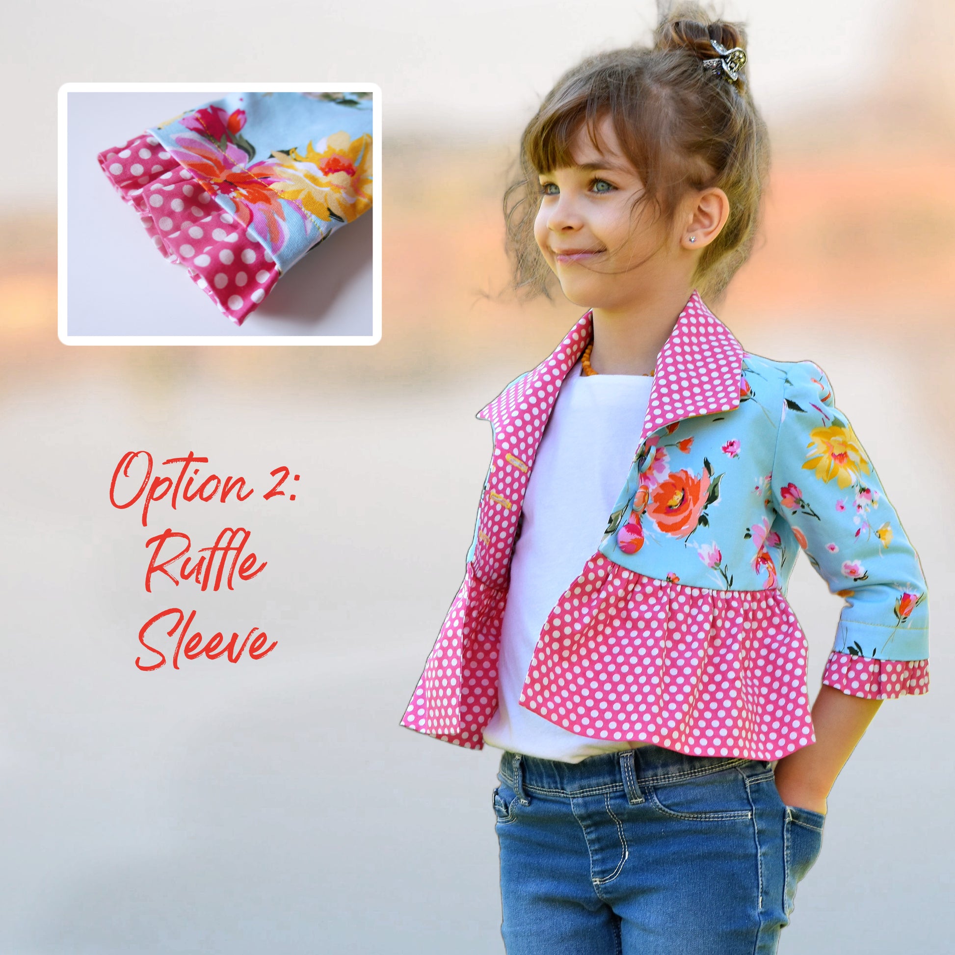 Paris bolero, pdf sewing pattern, waist length bolero with three feature buttons, plain set in sleeves and ruffle hem. Beautiful shawl collar in pink polka dots. Body and sleeves in cotton sateen.