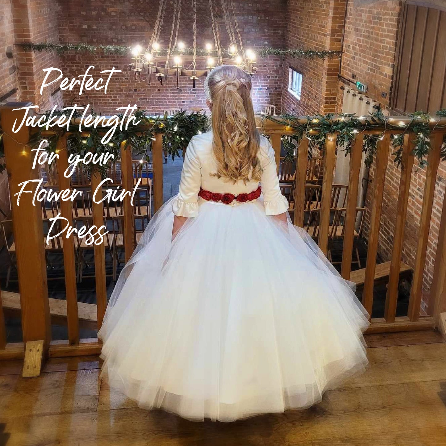Paris bridal bolero, pdf sewing pattern, waist length bolero with three feature buttons, plain set in sleeves and ruffle hem. Here with the flower girl dress by Frocks & Frolics. Perfect hight for flower girl dresses.