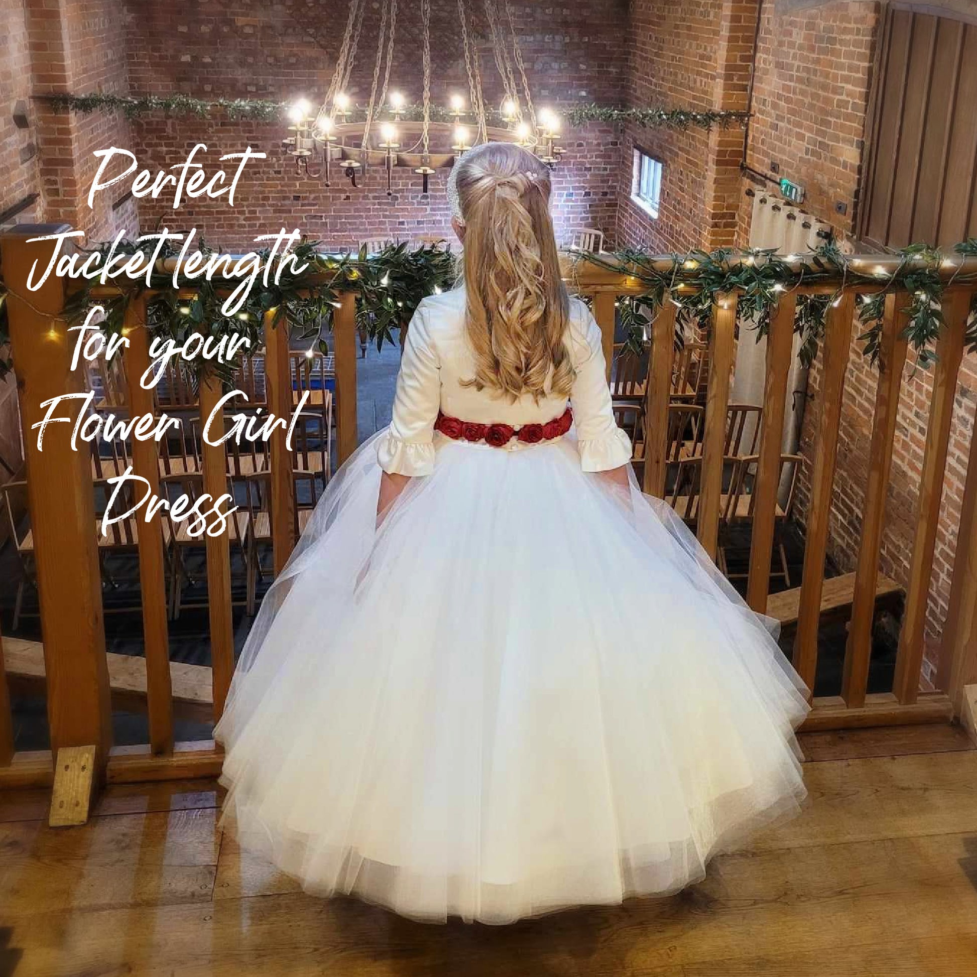 Paris bridal bolero, pdf sewing pattern, waist length bolero with three feature buttons, plain set in sleeves and ruffle hem. Here with the flower girl dress by Frocks & Frolics.  Perfect hight for flower girl dresses.