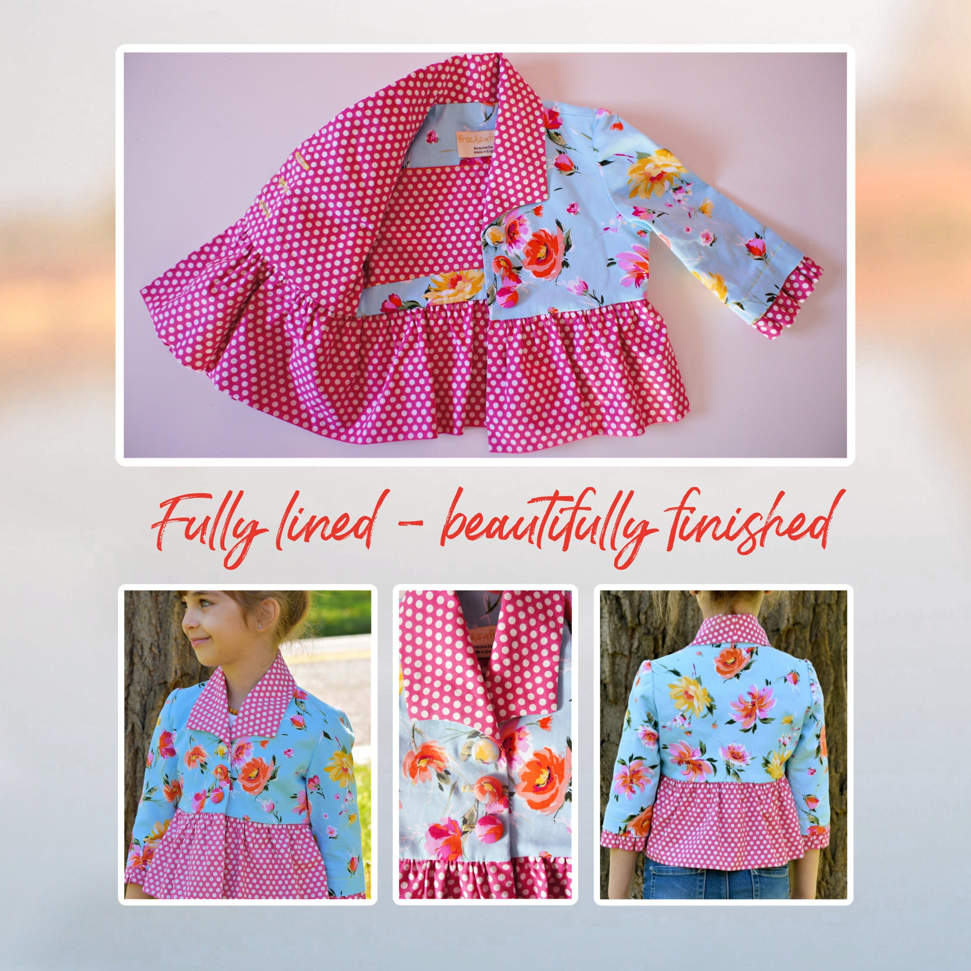 Paris bolero, pdf sewing pattern, waist length bolero with three feature buttons, plain set in sleeves and ruffle hem. Beautiful shawl collar in pink polka dots. Body and sleeves in cotton sateen.