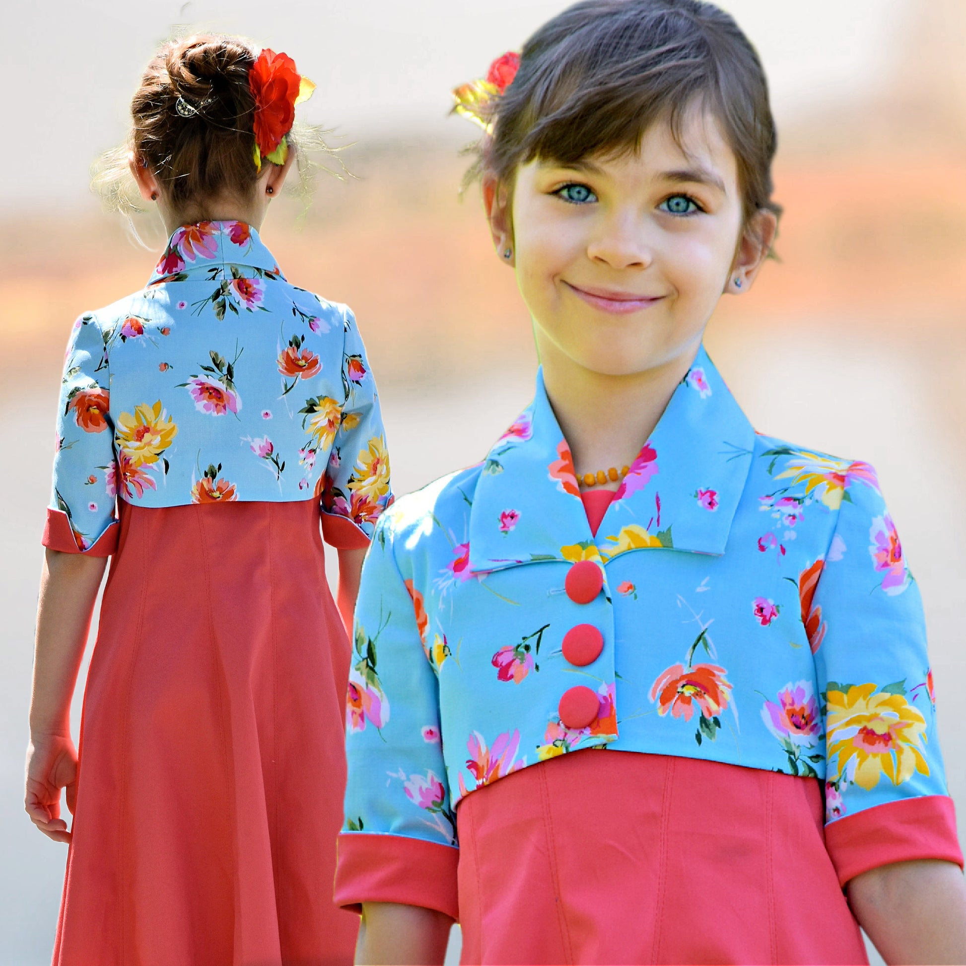 Paris bolero, pdf sewing pattern, waist length bolero with three feature buttons, plain set in sleeves and plain turned up hem with a decorative slit. Beautiful shawl collar. In cotton sateen.  Free sewing course, tutorials for every step on YouTube.