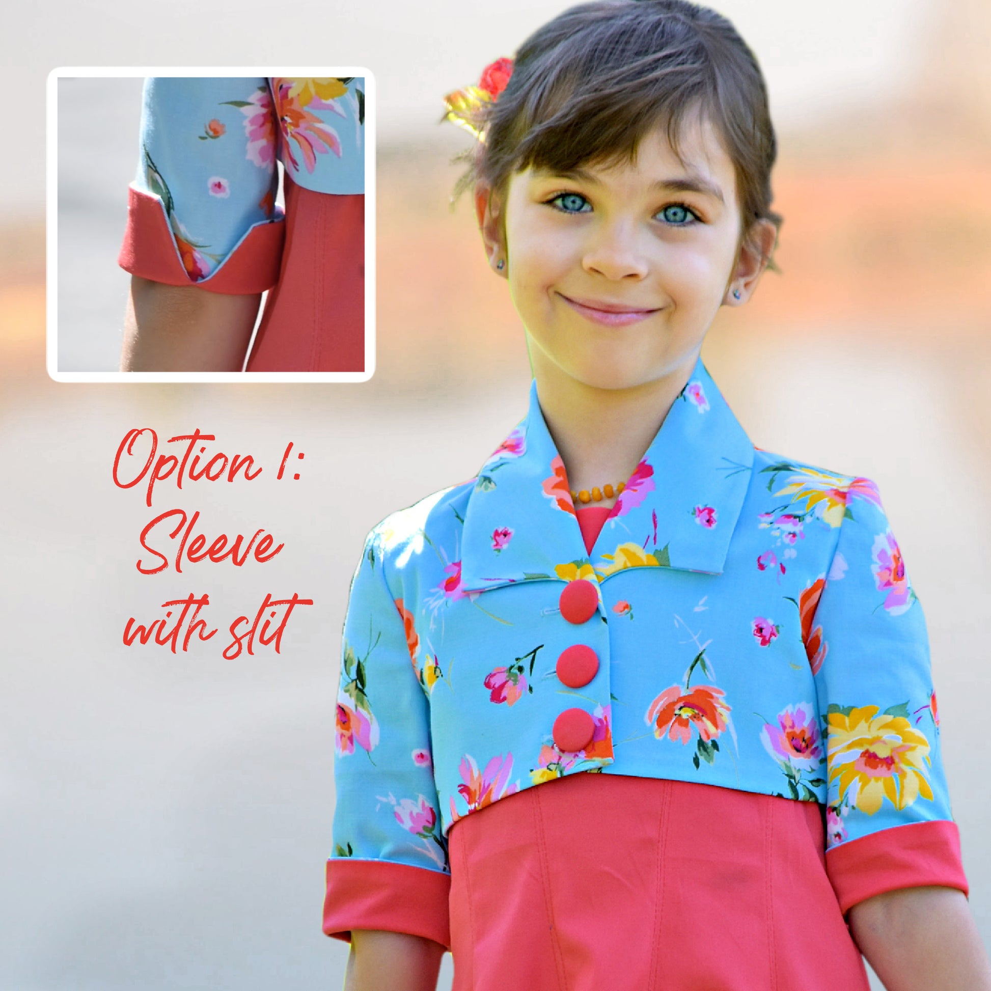 Paris bolero, pdf sewing pattern, waist length bolero with three feature buttons, plain set in sleeves and plain turned up hem with a decorative slit. Beautiful shawl collar. In cotton sateen.  Free sewing course, tutorials for every step on YouTube.