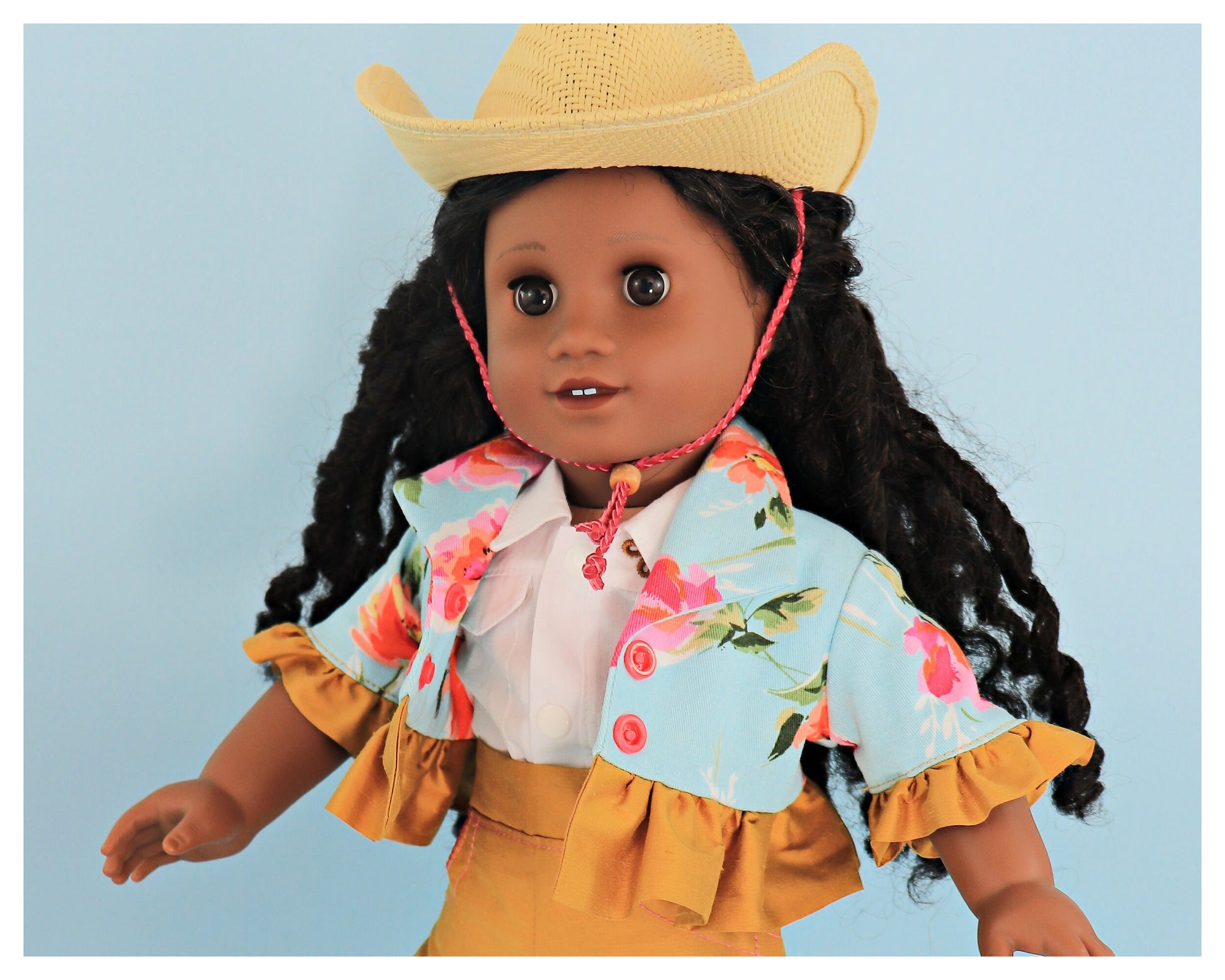 Paris doll bolero digital pdf sewing pattern. Front view of the jacket, worn open with shawl collar. with ruffle hem.